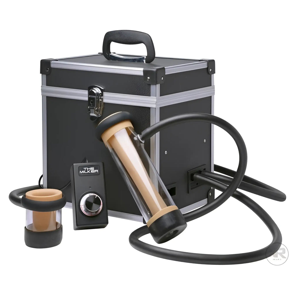 LoveBotz The Milker Deluxe stroker machine with black carry case, controller, and clear sleeve with tan insert.