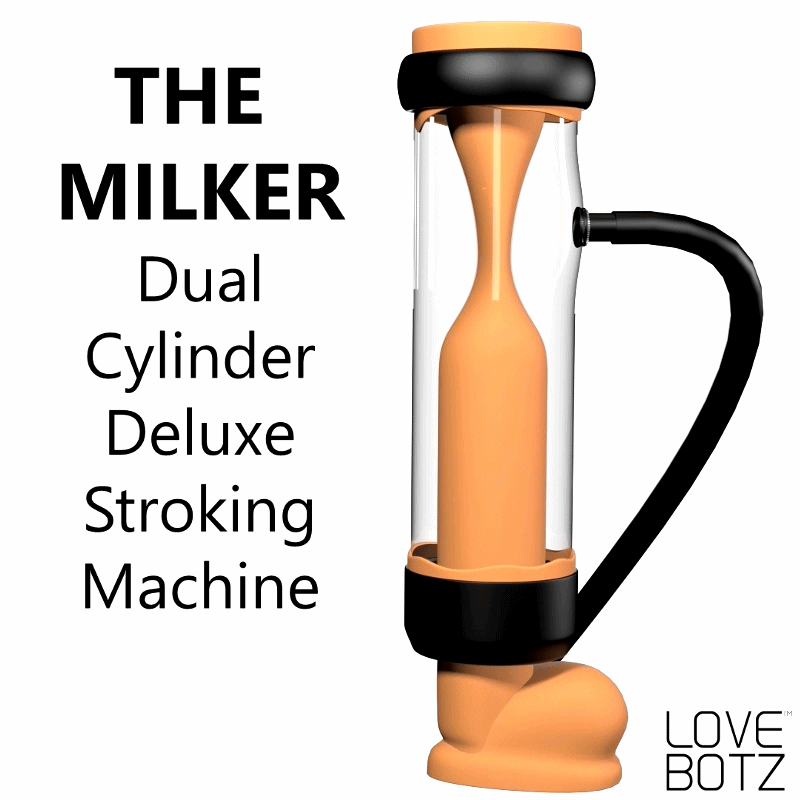 LoveBotz The Milker: A clear-cylinder automatic stroker with peach-colored silicone sleeve and black trim accents.