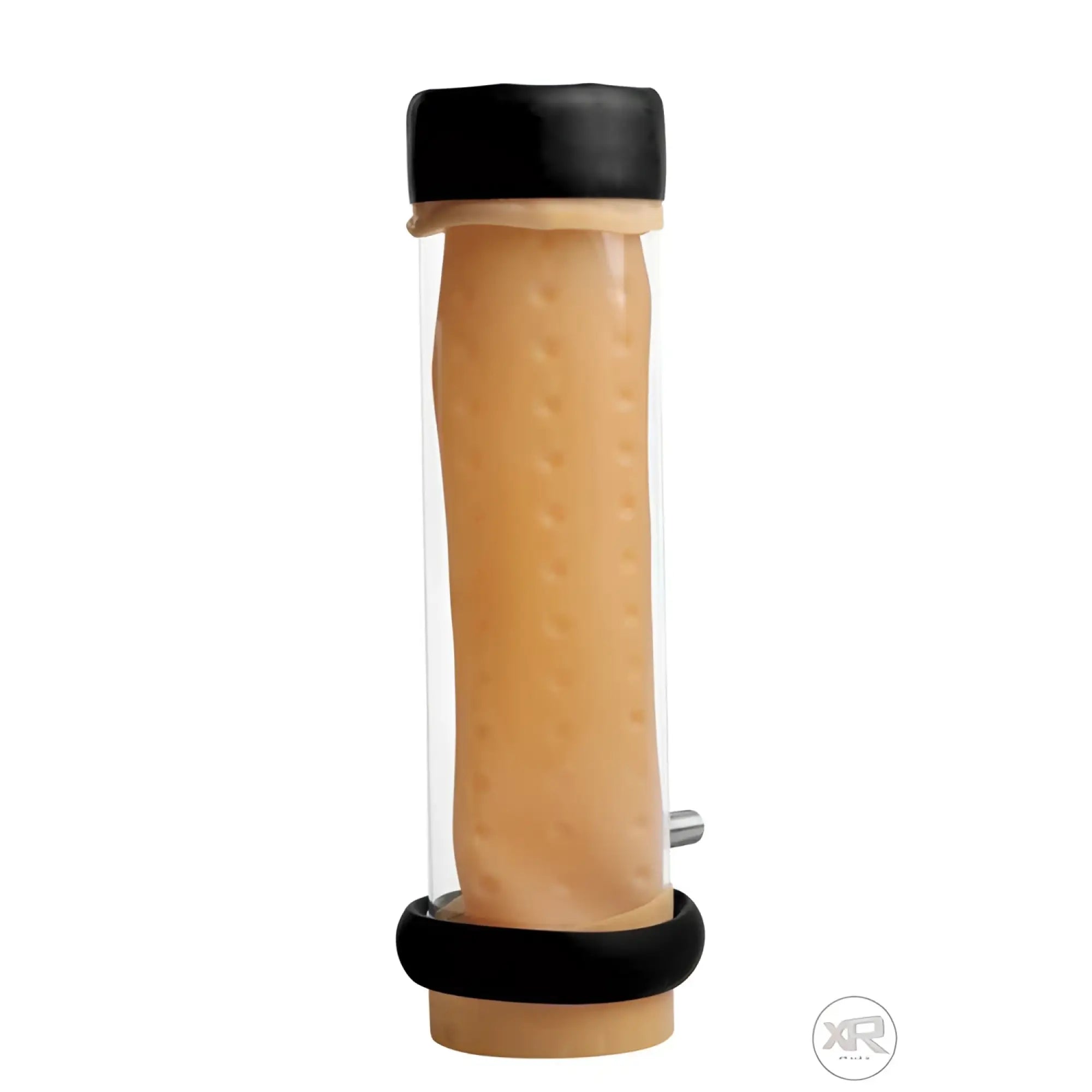 LoveBotz Milker Cylinder with a clear tube, tan textured interior sleeve, and black caps against a white background.