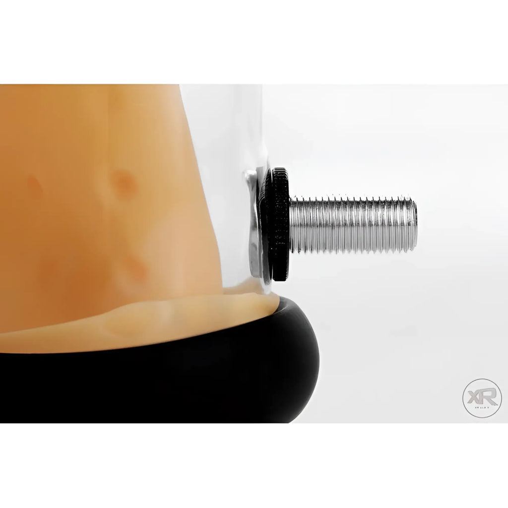 LoveBotz Milker Cylinder: clear tube, peach textured sleeve, and metallic silver threaded attachment on white background.