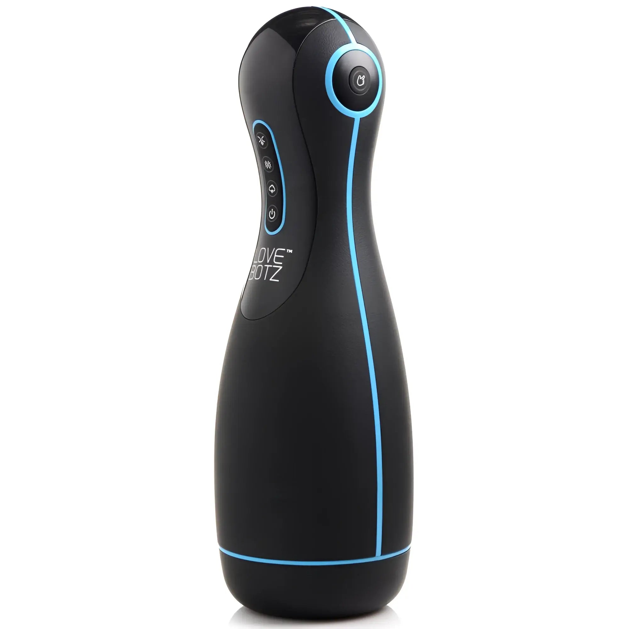 LoveBotz The Milker Extreme: matte black, bottle-shaped masturbator with blue accents and control buttons.