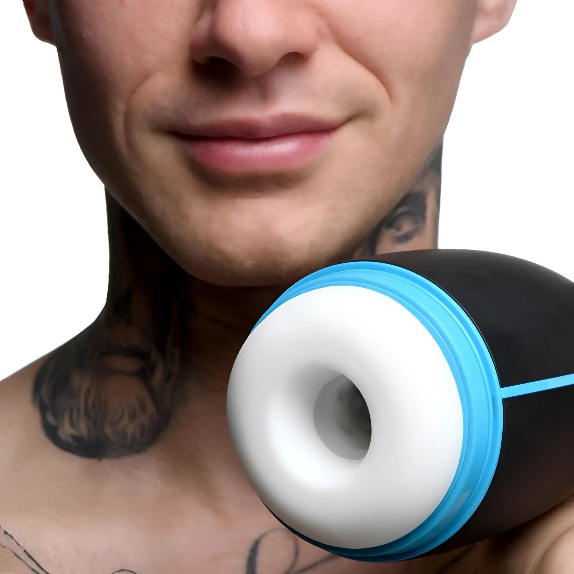LoveBotz The Milker Extreme: a black, blue, and white automatic masturbator held by a tattooed man.