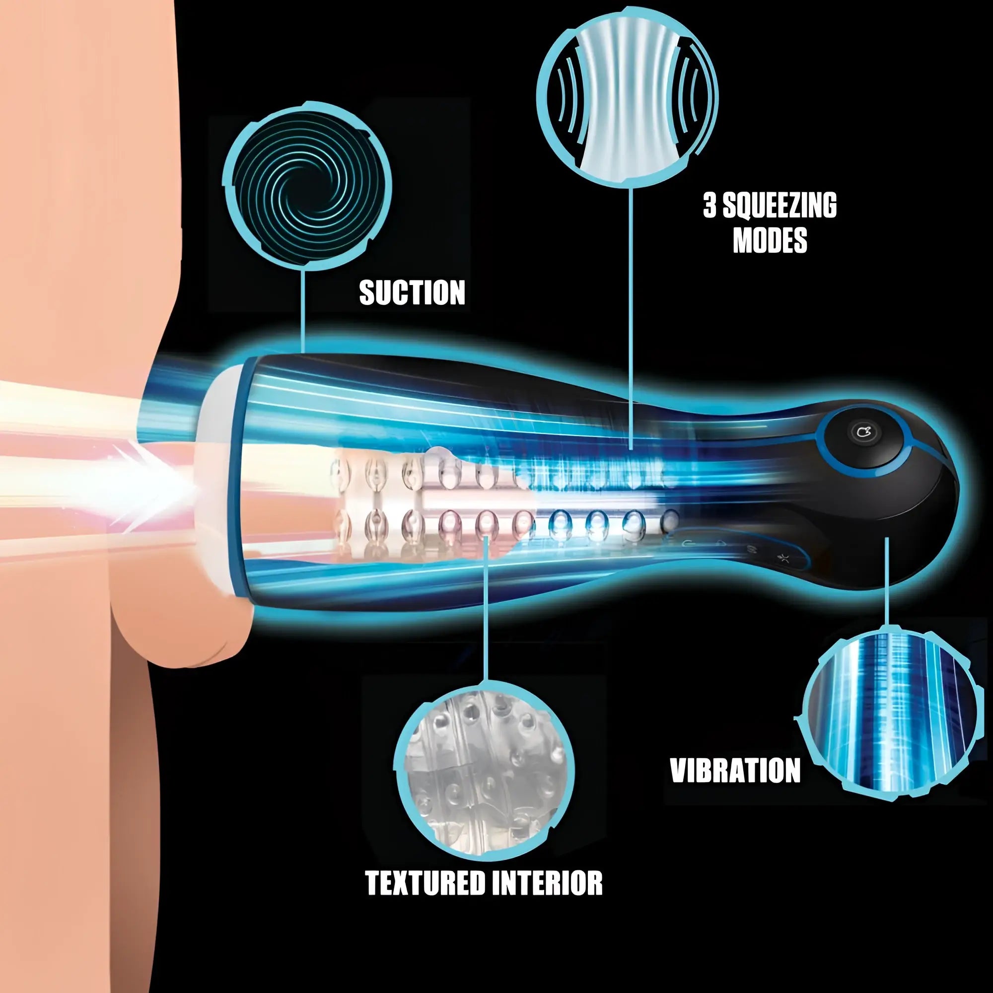LoveBotz The Milker Extreme: A black automatic masturbator featuring suction, vibration, and squeezing modes.
