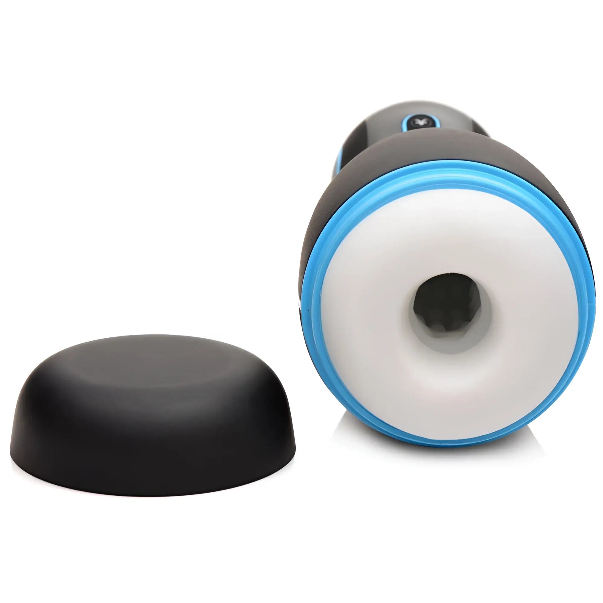LoveBotz The Milker Extreme 16X: Black and blue automatic masturbator with a white internal sleeve and black cap.
