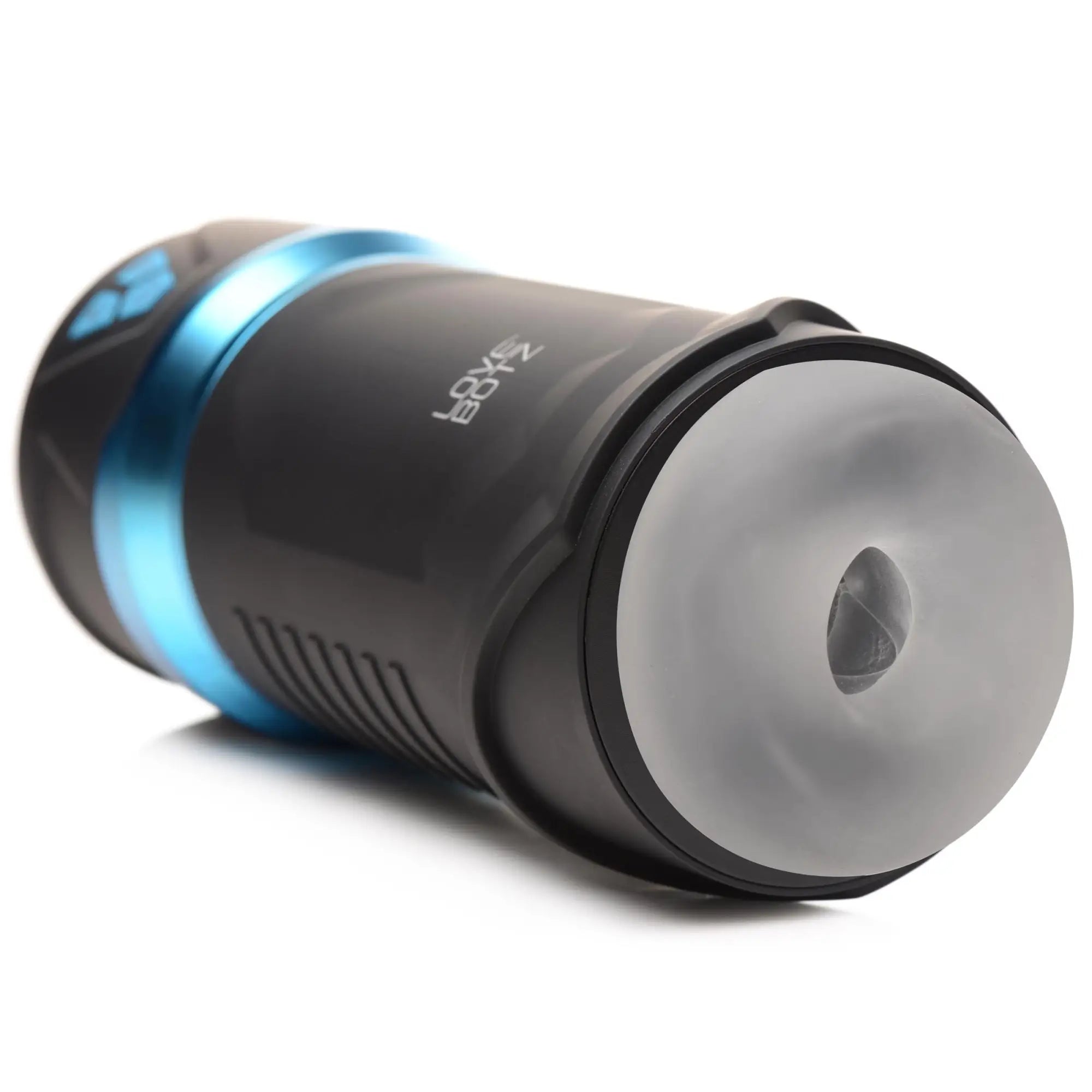 LoveBotz The Milker Intense 13X masturbator: a matte black cylindrical device with blue accents and a soft clear sleeve.