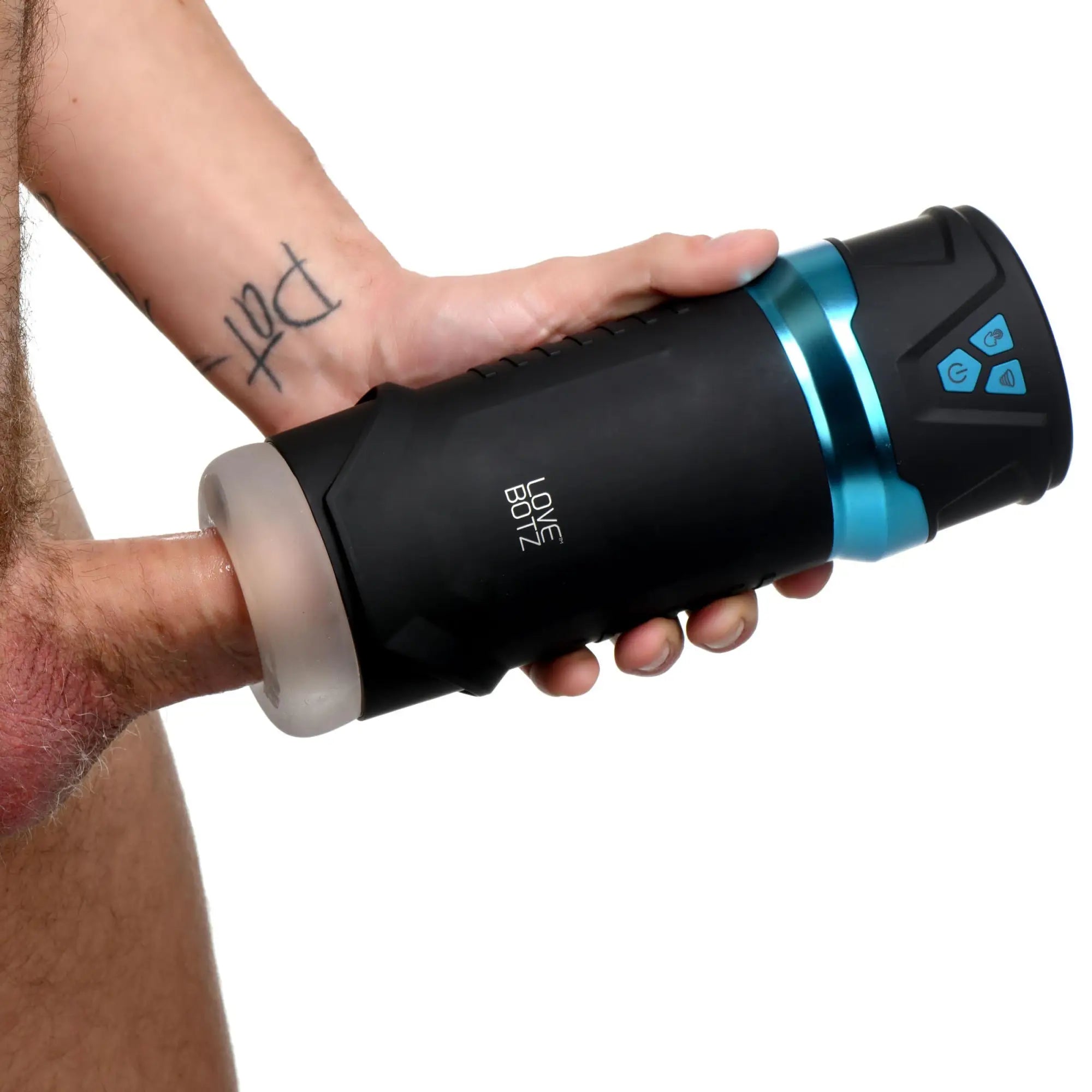 A hand holds the black and metallic blue LoveBotz The Milker Intense 13X masturbator in use.