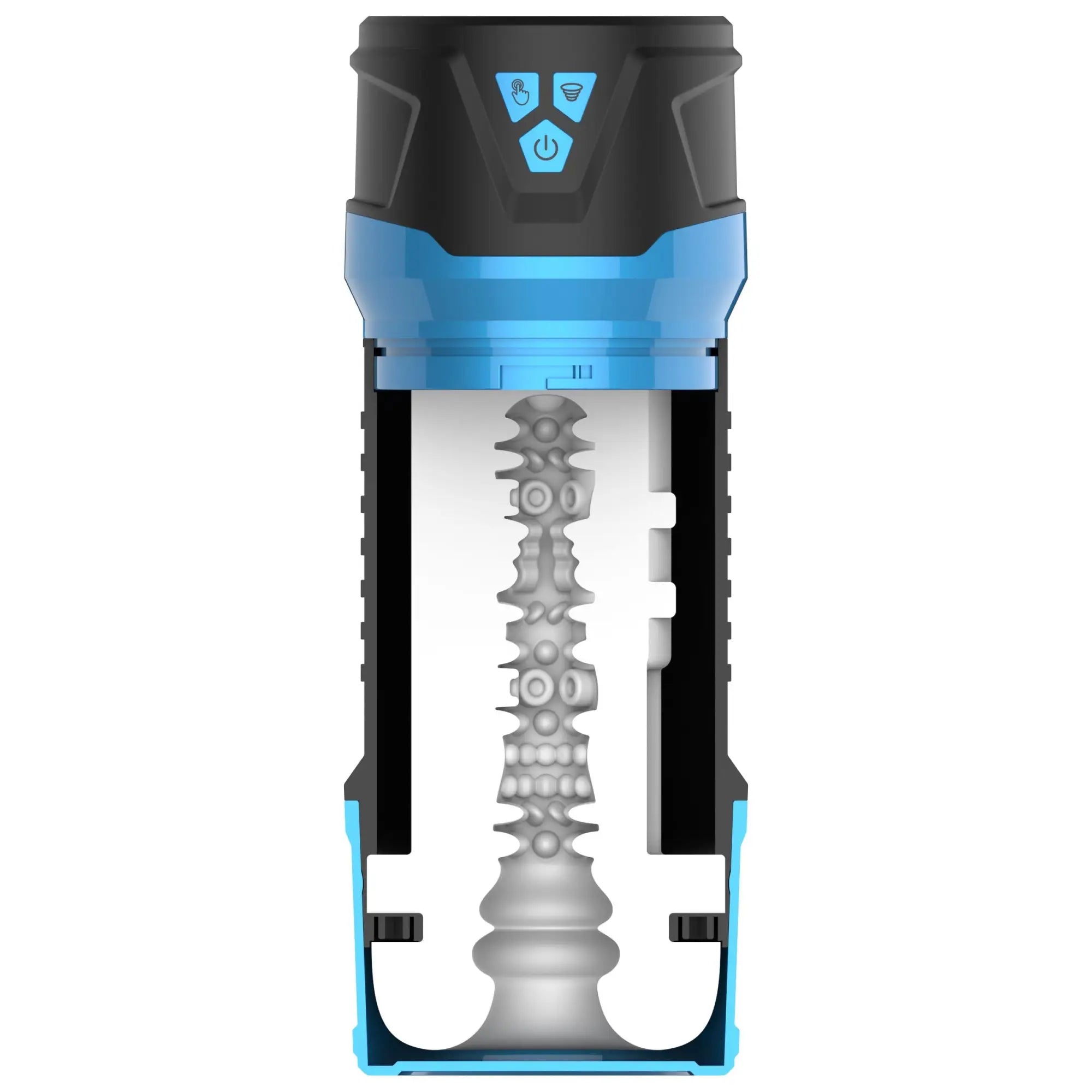 LoveBotz The Milker Intense 13X masturbator in blue and black with a white, textured internal stimulation sleeve.
