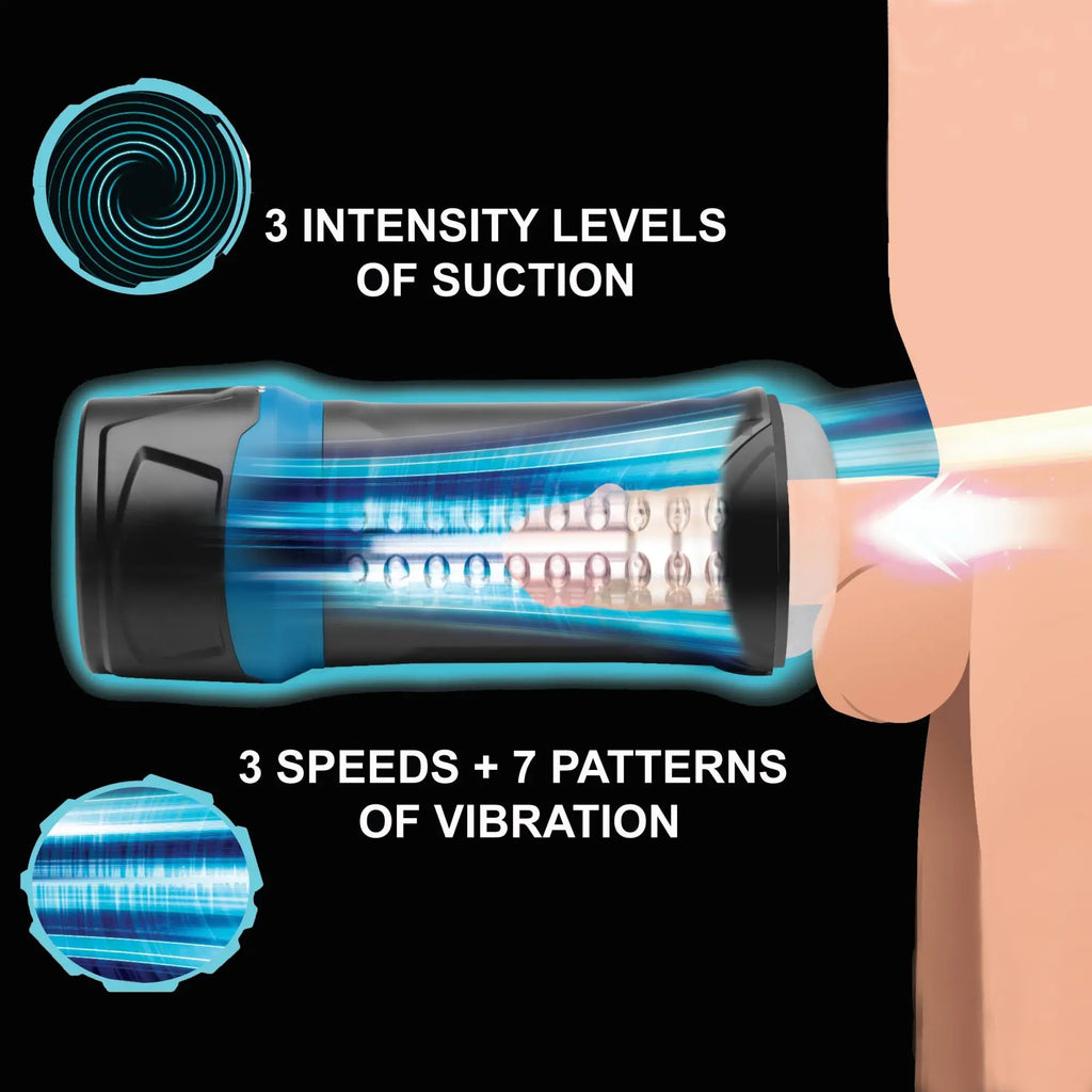 LoveBotz The Milker Intense 13X masturbator in blue and black, showing suction and vibration features.