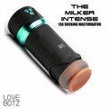LoveBotz The Milker Intense: A black, cylindrical masturbator with teal accents, control buttons, and a tan sleeve.