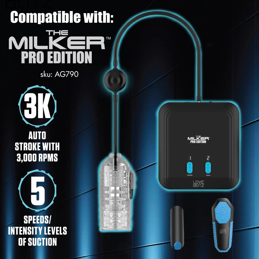 LoveBotz Milker accessory in black and clear with blue accent lights, featuring a control box, remote, and attachment.