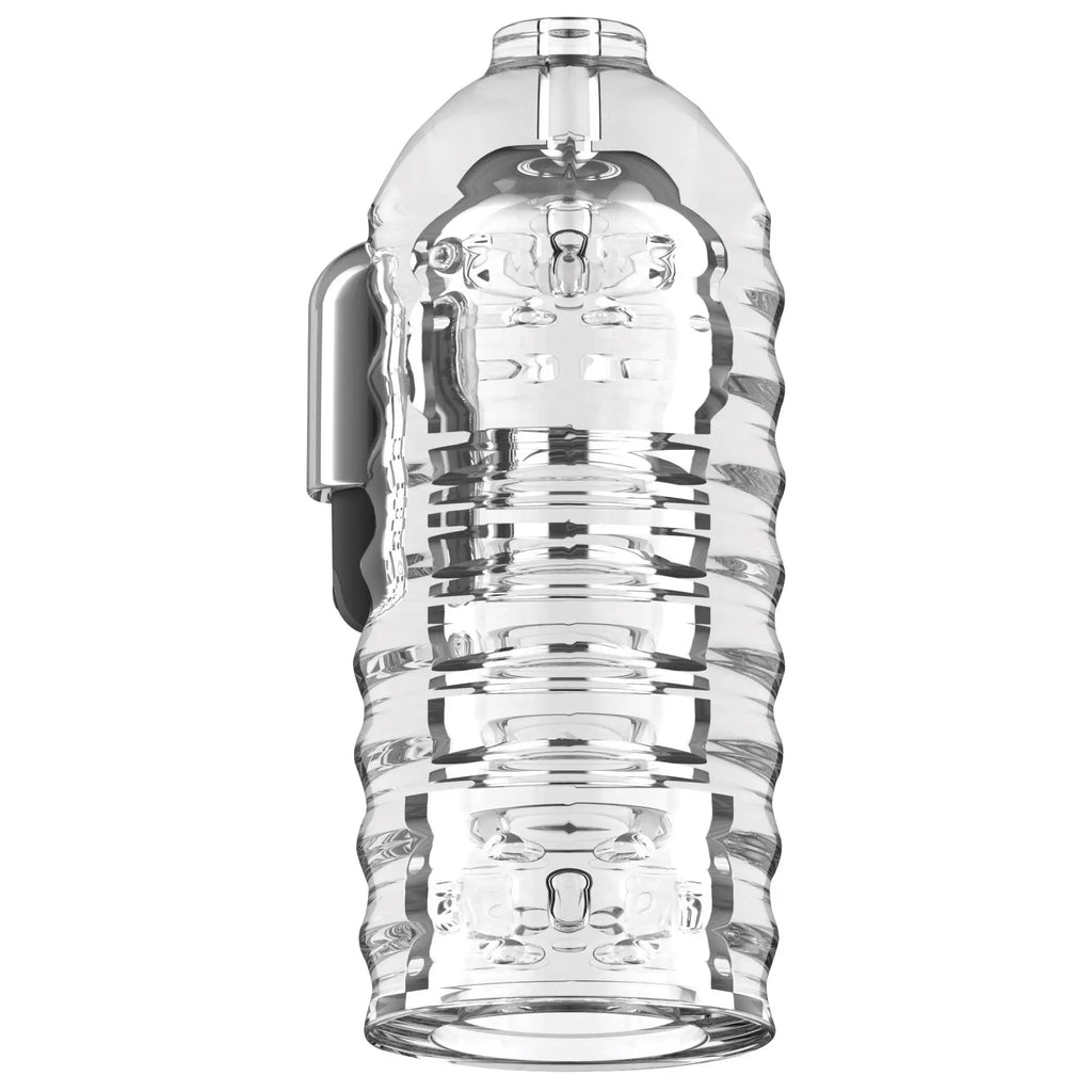 LoveBotz Milker masturbator accessory: a clear, ribbed silicone sleeve with an attached dark-colored control module.