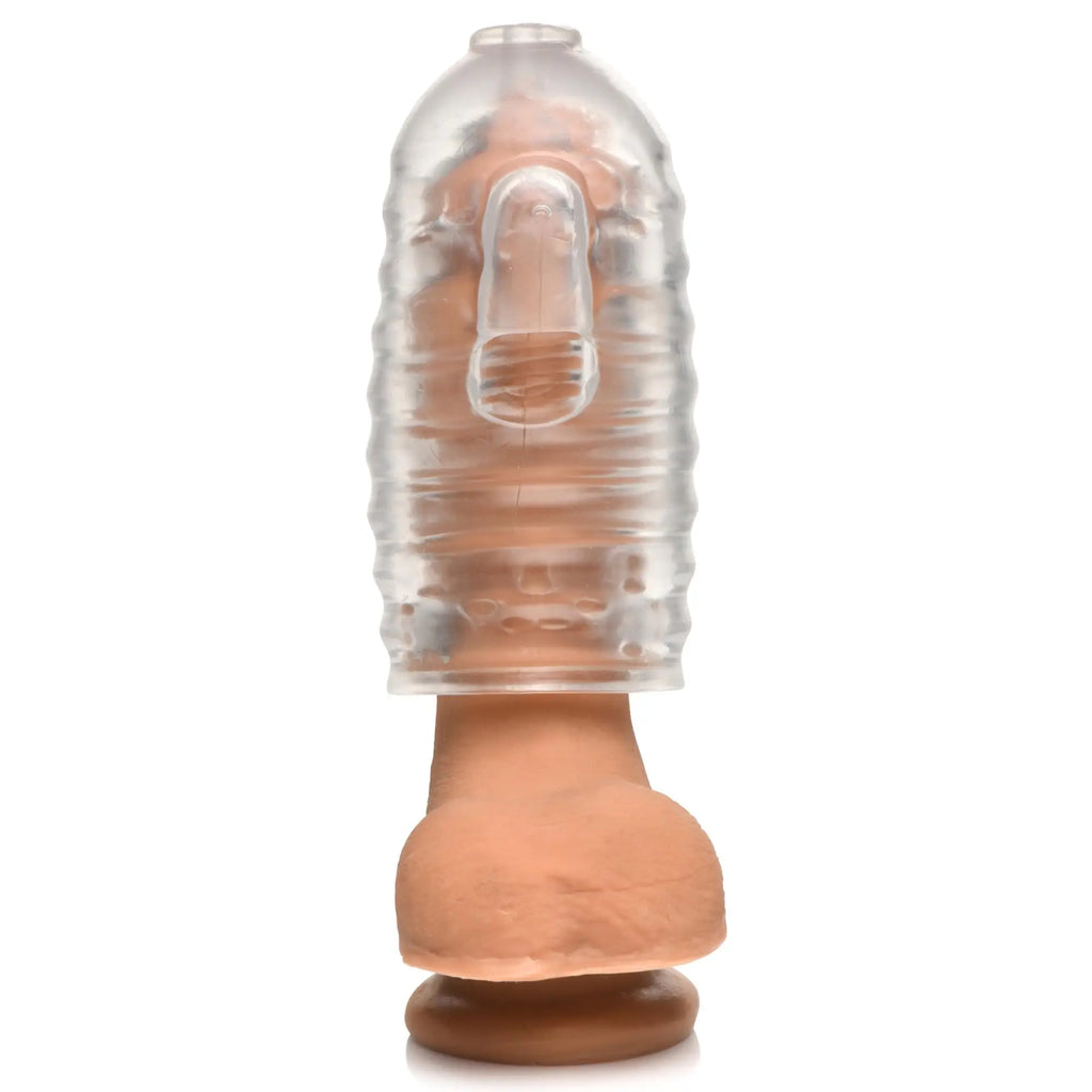LoveBotz Milker masturbator: a clear, ribbed, cylindrical silicone sleeve on a realistic, flesh-toned phallic base.