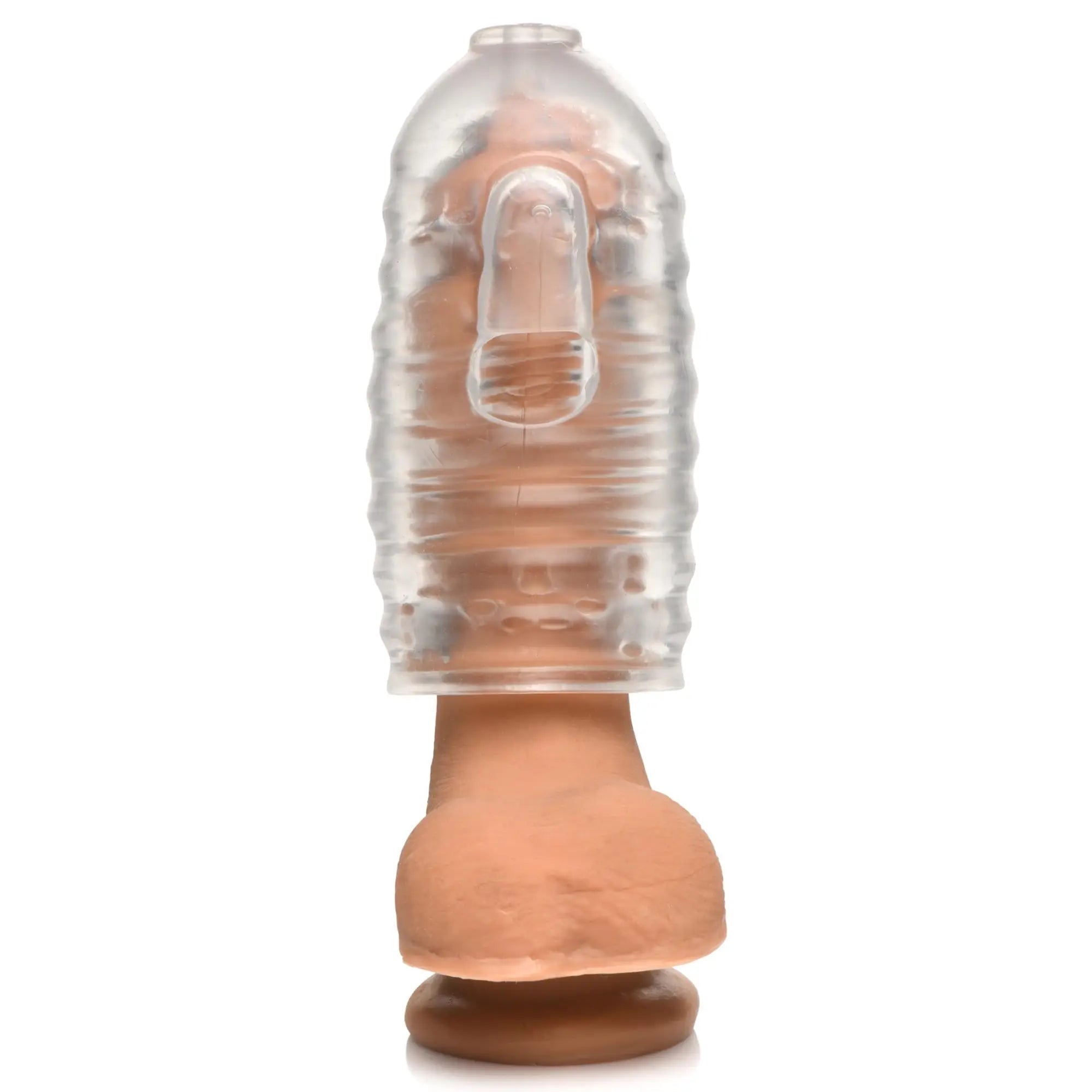 LoveBotz Milker masturbator: a clear, ribbed, cylindrical silicone sleeve on a realistic, flesh-toned phallic base.