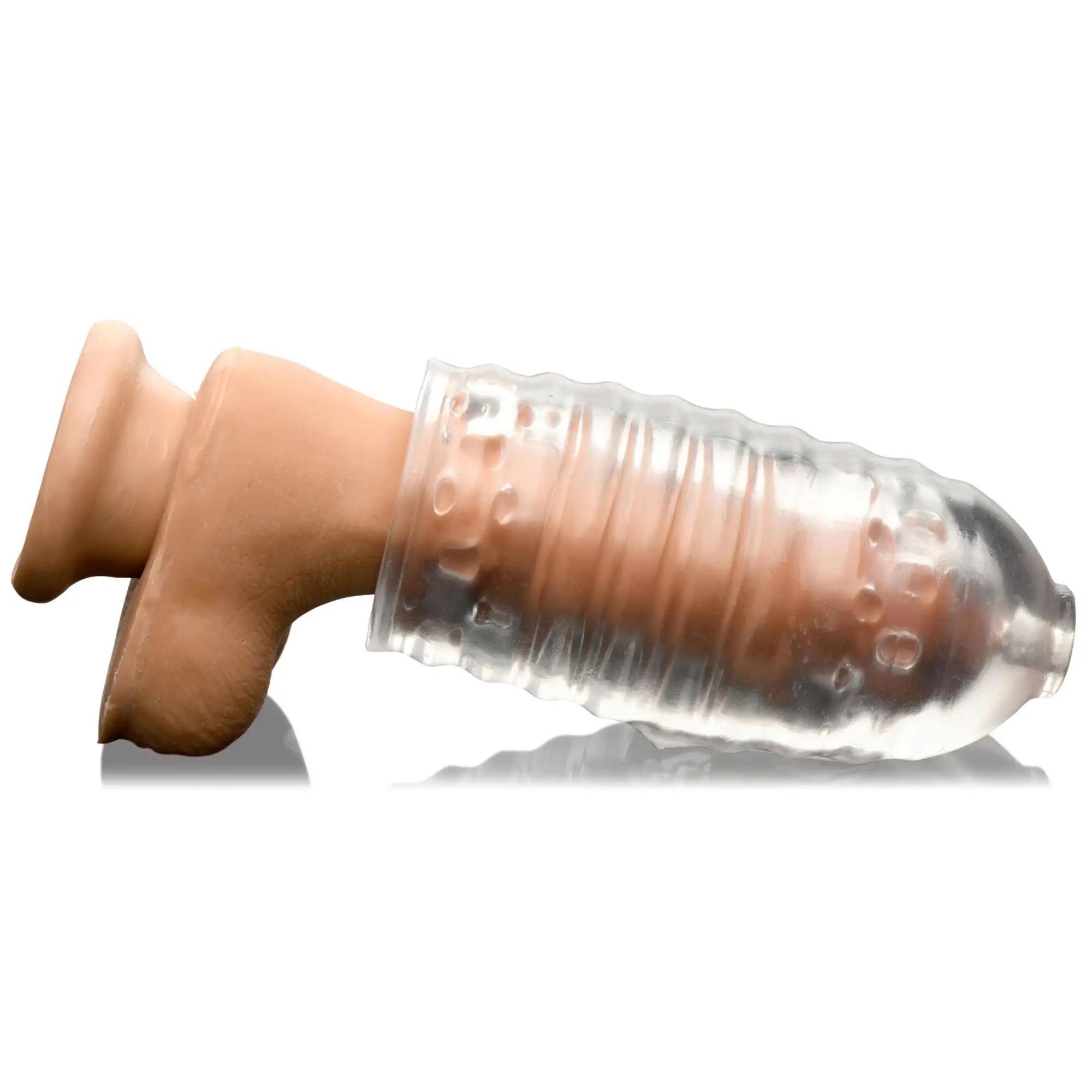 LoveBotz Milker masturbator accessory, a tan textured sleeve partially enclosed in a transparent, ribbed outer casing.