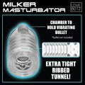 LoveBotz Milker Masturbator accessory, a clear, ribbed, cylindrical sleeve with an internal chamber for a vibrator.