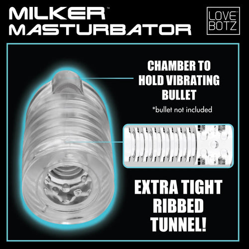 LoveBotz Milker Masturbator accessory, a clear, ribbed, cylindrical sleeve with an internal chamber for a vibrator.