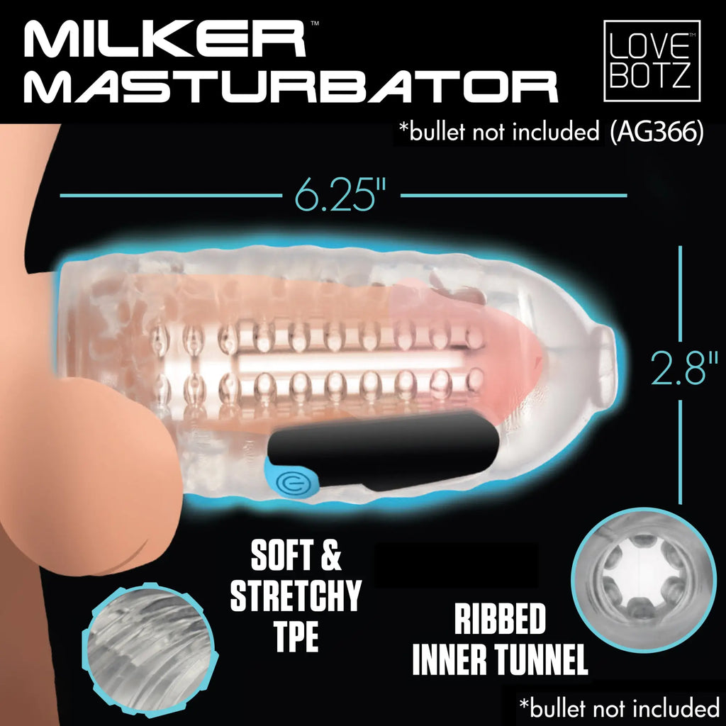 LoveBotz Milker Masturbator: Clear, ribbed TPE sleeve with dimensions and bullet vibrator placement guide.