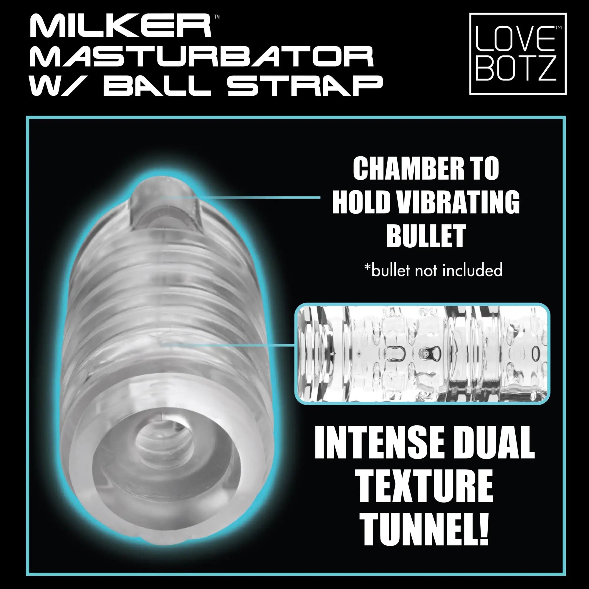 LoveBotz Milker Masturbator with Ball Strap: A clear, textured silicone sleeve with a vibrator bullet chamber.