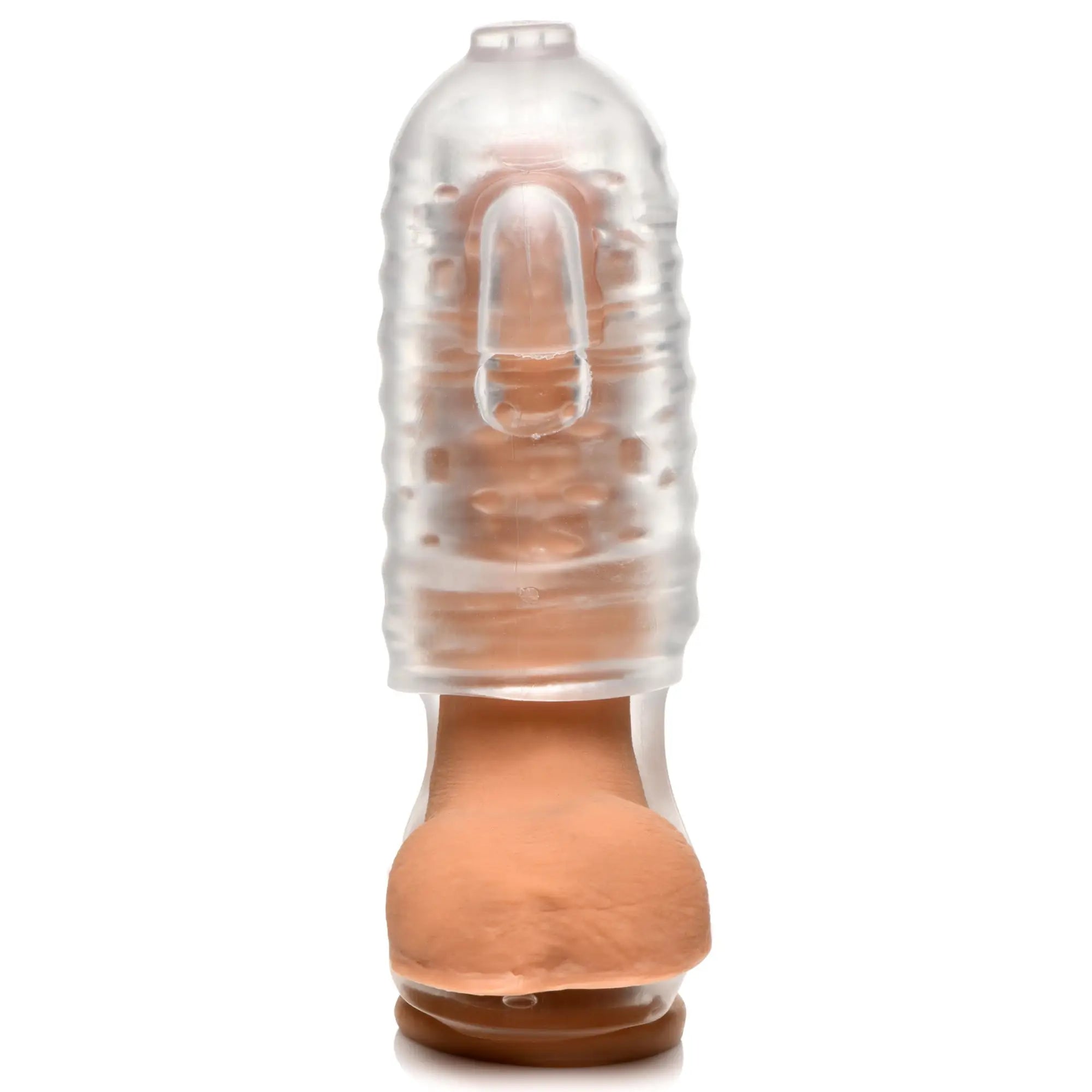 LoveBotz Milker Masturbator featuring a tan, realistic textured sleeve topped with a clear, ribbed silicone cap.