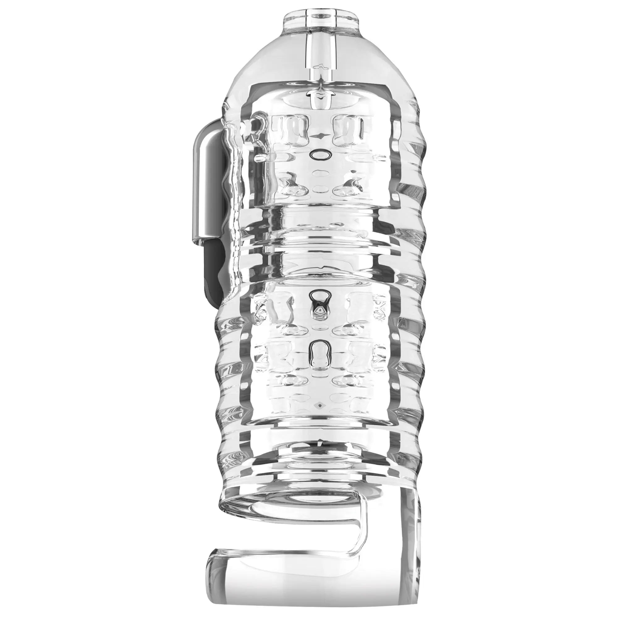 LoveBotz Milker Masturbator with a ribbed, clear textured sleeve and a black ball strap attachment.