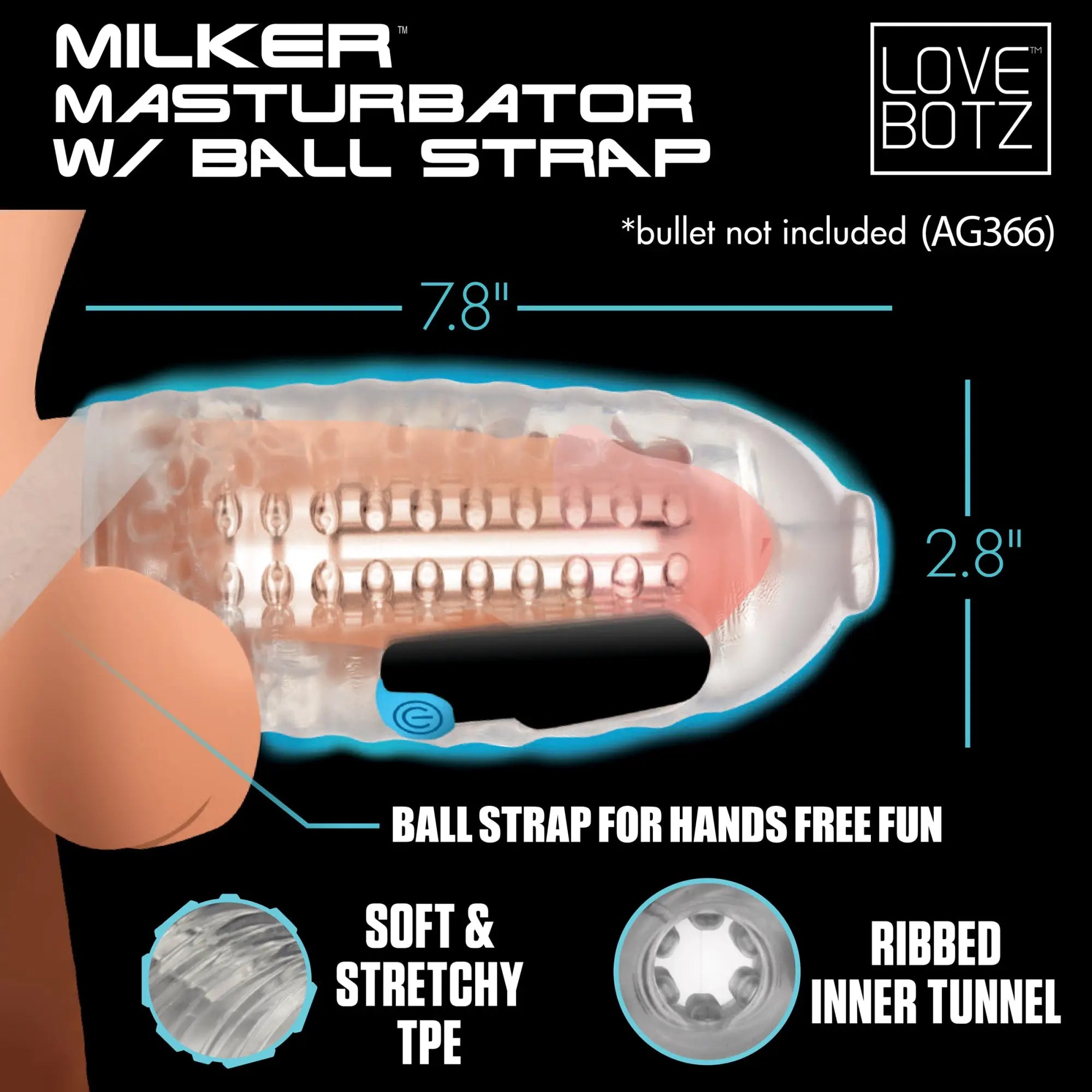 LoveBotz Milker Masturbator with ball strap: clear, ribbed TPE sleeve with dimensions and hands-free strap design.