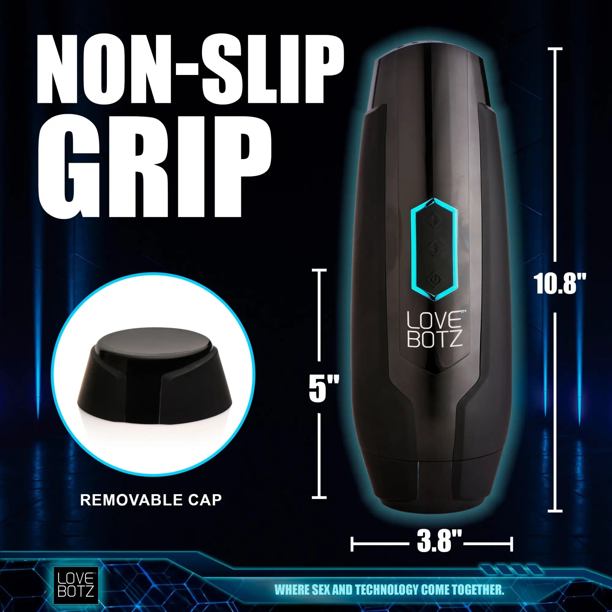 LoveBotz The Milker Max: a black, cylindrical masturbator with non-slip grip, dimensions, and a removable cap.