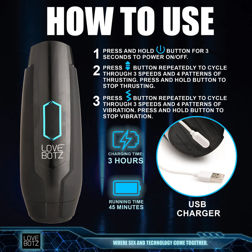 LoveBotz The Milker Max: Black, sleek masturbator with user instructions, charging specs, and a USB charging cable.