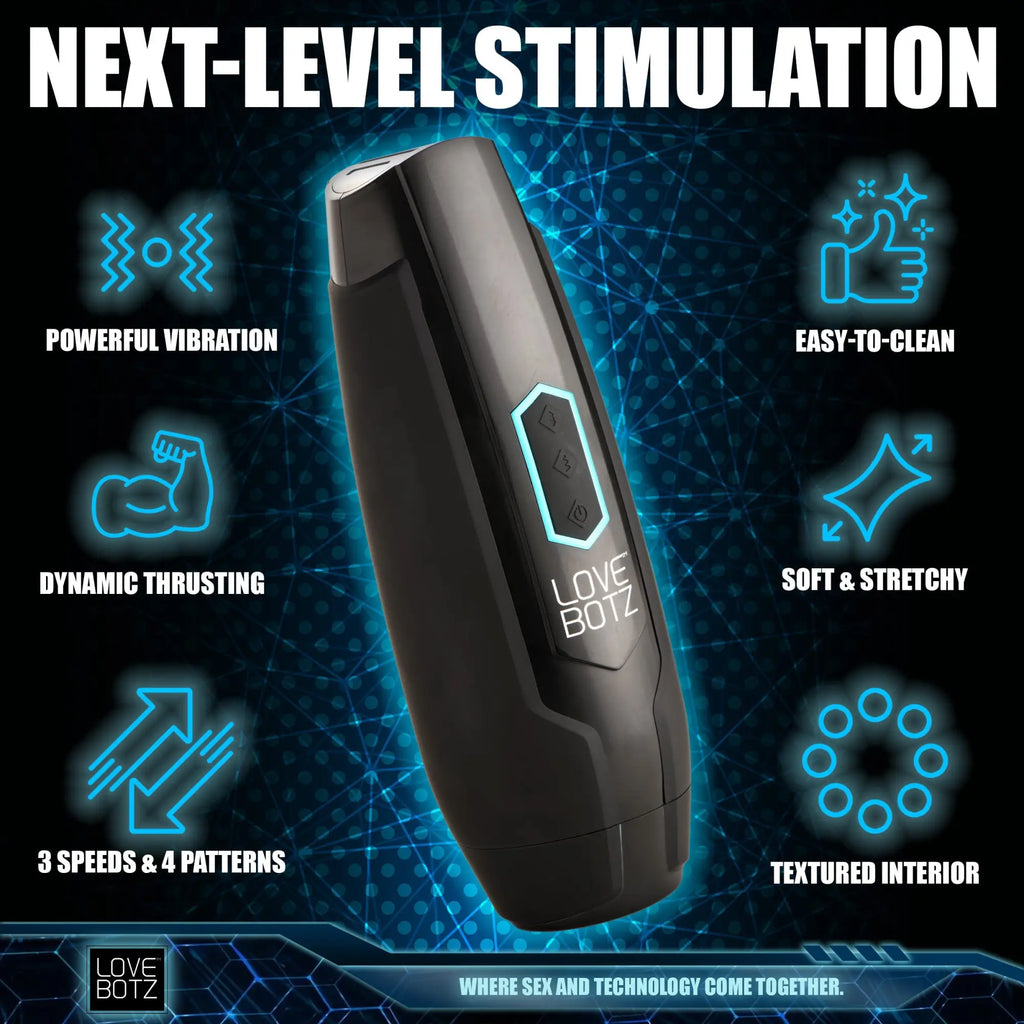 Black LoveBotz The Milker Max masturbator featuring blue glowing icons highlighting its vibration and thrusting features.