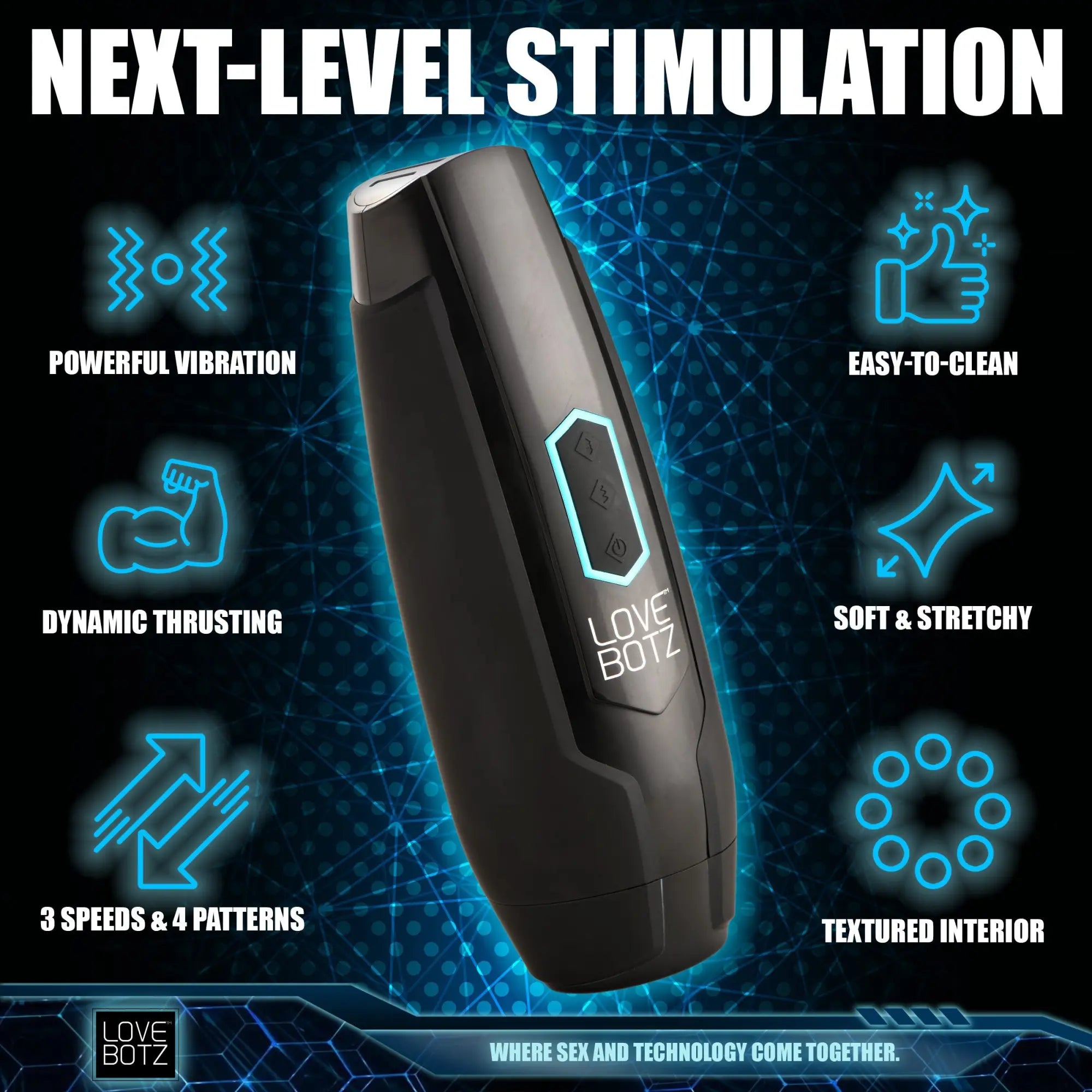 Black LoveBotz The Milker Max masturbator featuring blue glowing icons highlighting its vibration and thrusting features.