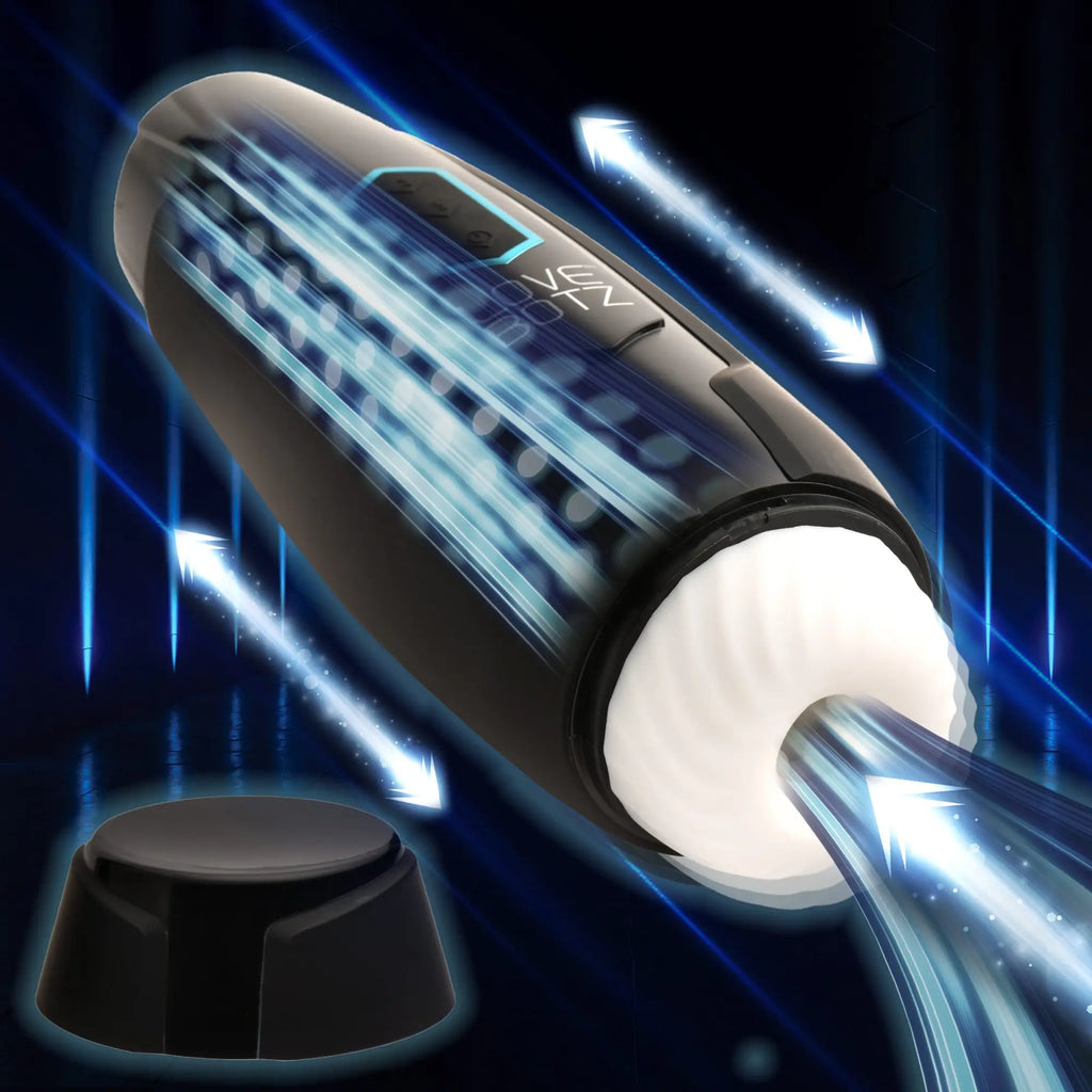 LoveBotz The Milker Max: Black, sleek masturbator with white textured sleeve and motion-blur light effects.