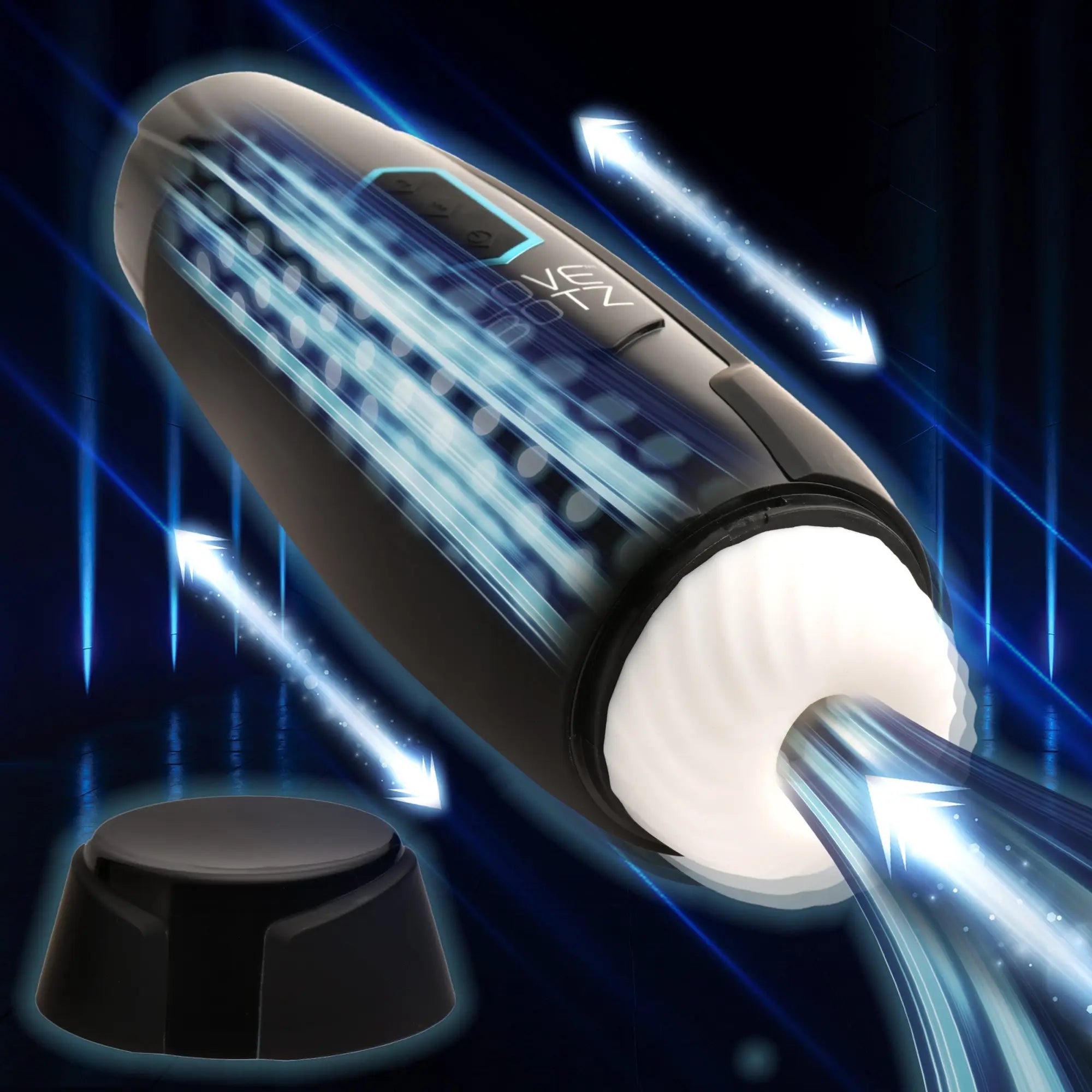 LoveBotz The Milker Max: Black, sleek masturbator with white textured sleeve and motion-blur light effects.