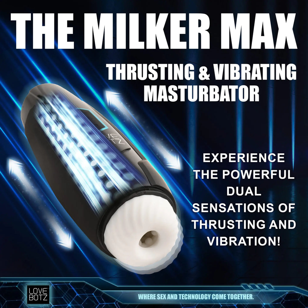 LoveBotz The Milker Max: a black, tech-style masturbator with a white textured sleeve and glowing blue light effects.