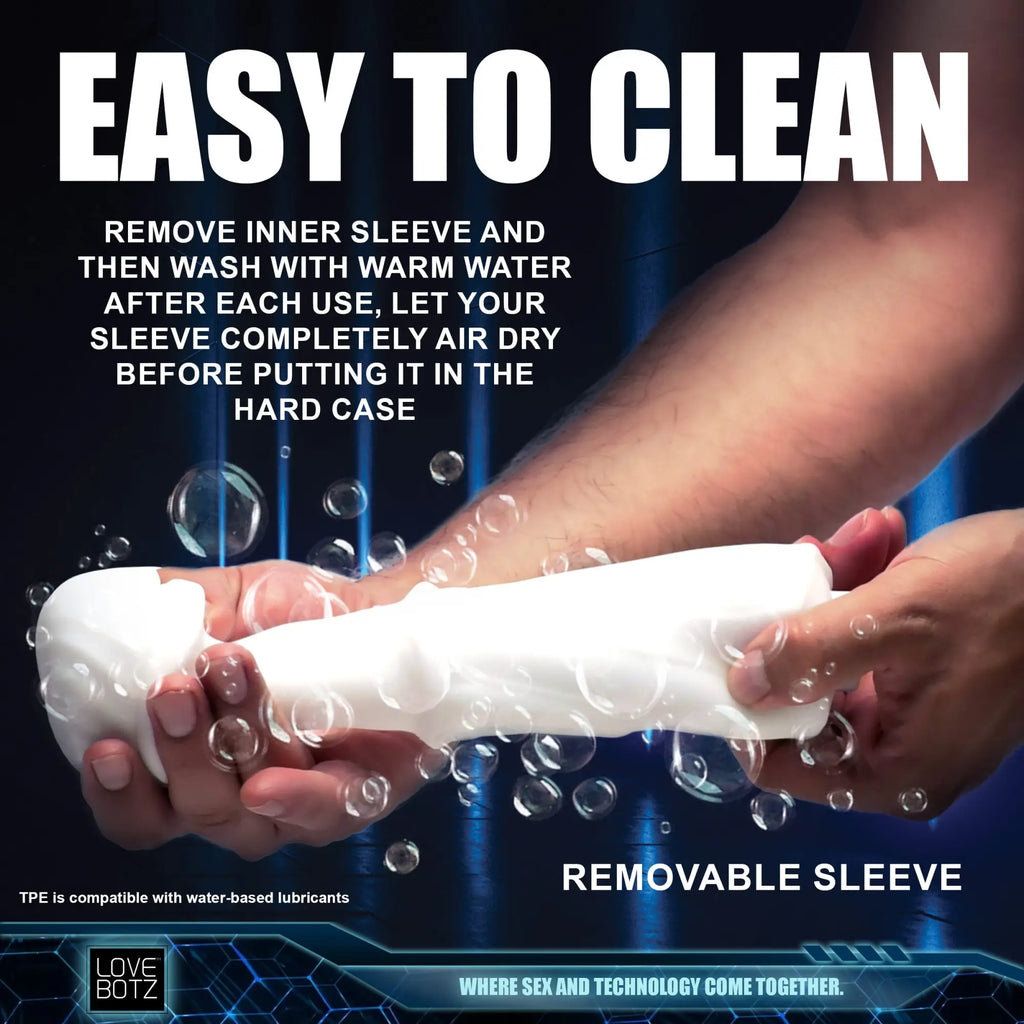 LoveBotz The Milker Max: Hands holding a white, removable TPE masturbator sleeve surrounded by floating bubbles.