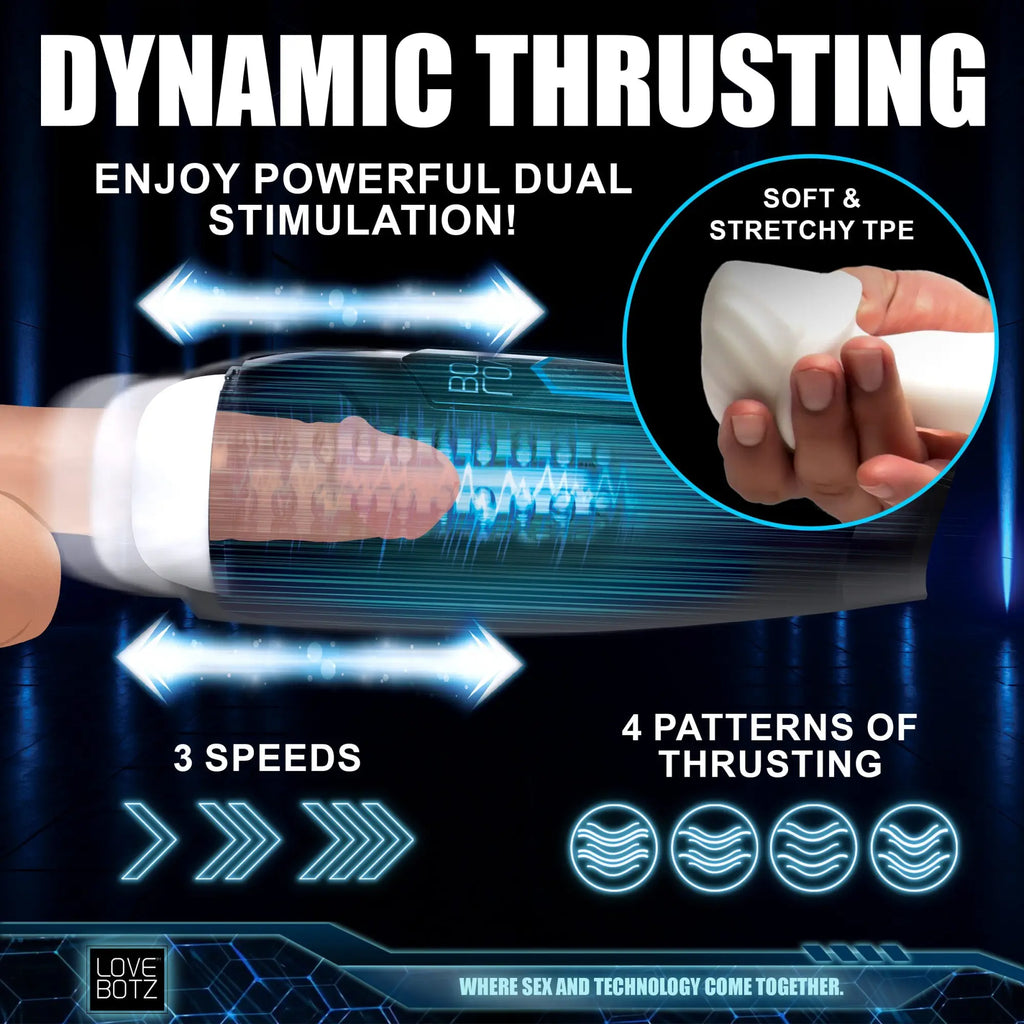 LoveBotz The Milker Max: a blue-and-black thrusting, vibrating masturbator with a soft, white TPE internal sleeve.
