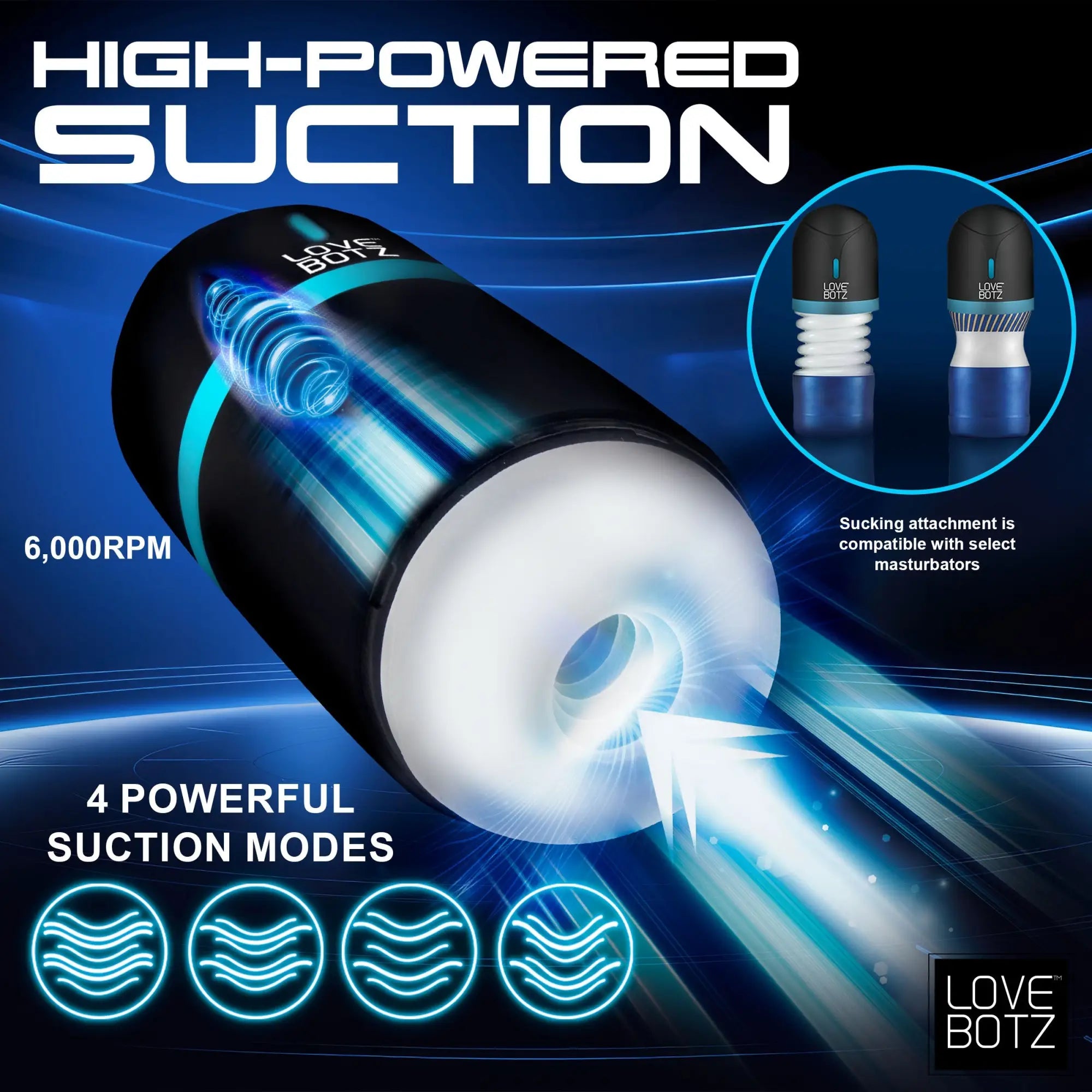 LoveBotz The Milker Mega-Pod masturbator in black with white silicone, featuring high-powered suction and four modes.