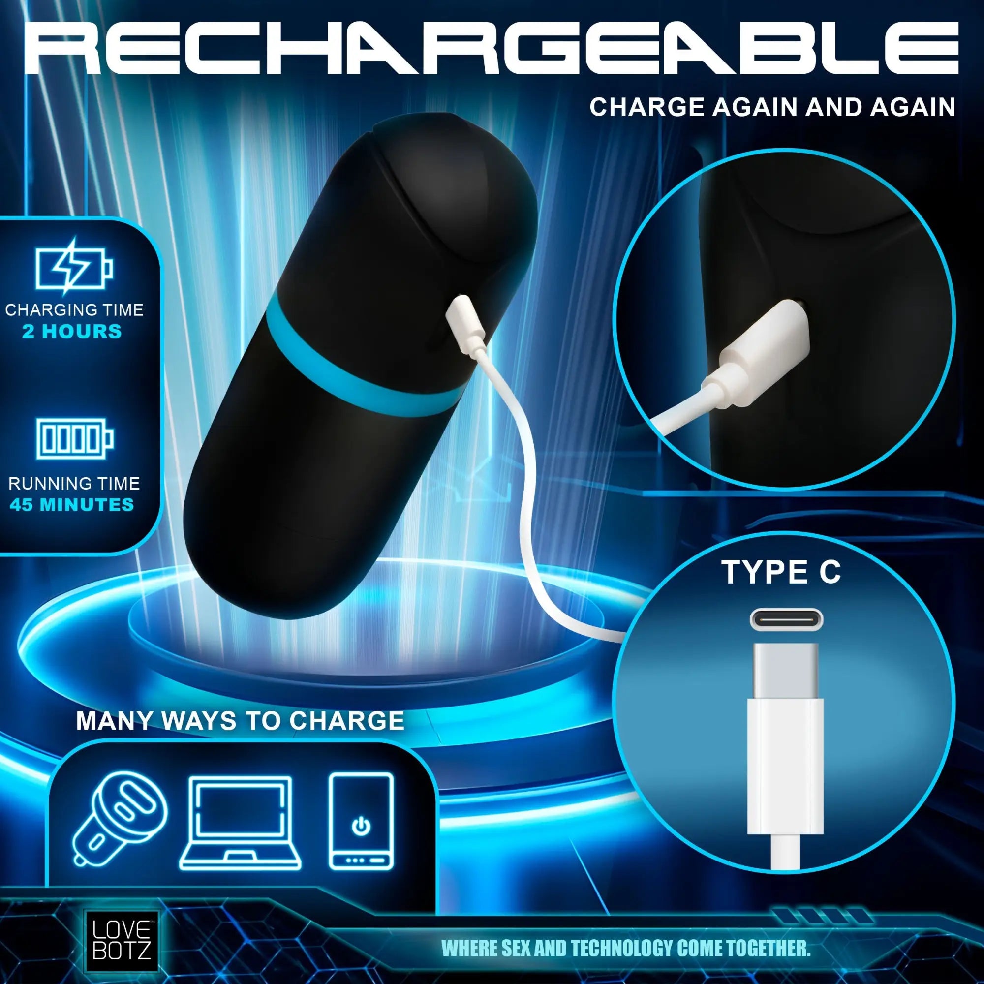 LoveBotz The Milker Mega-Pod, a black capsule-shaped masturbator with a blue ring, being charged via a USB-C cable.