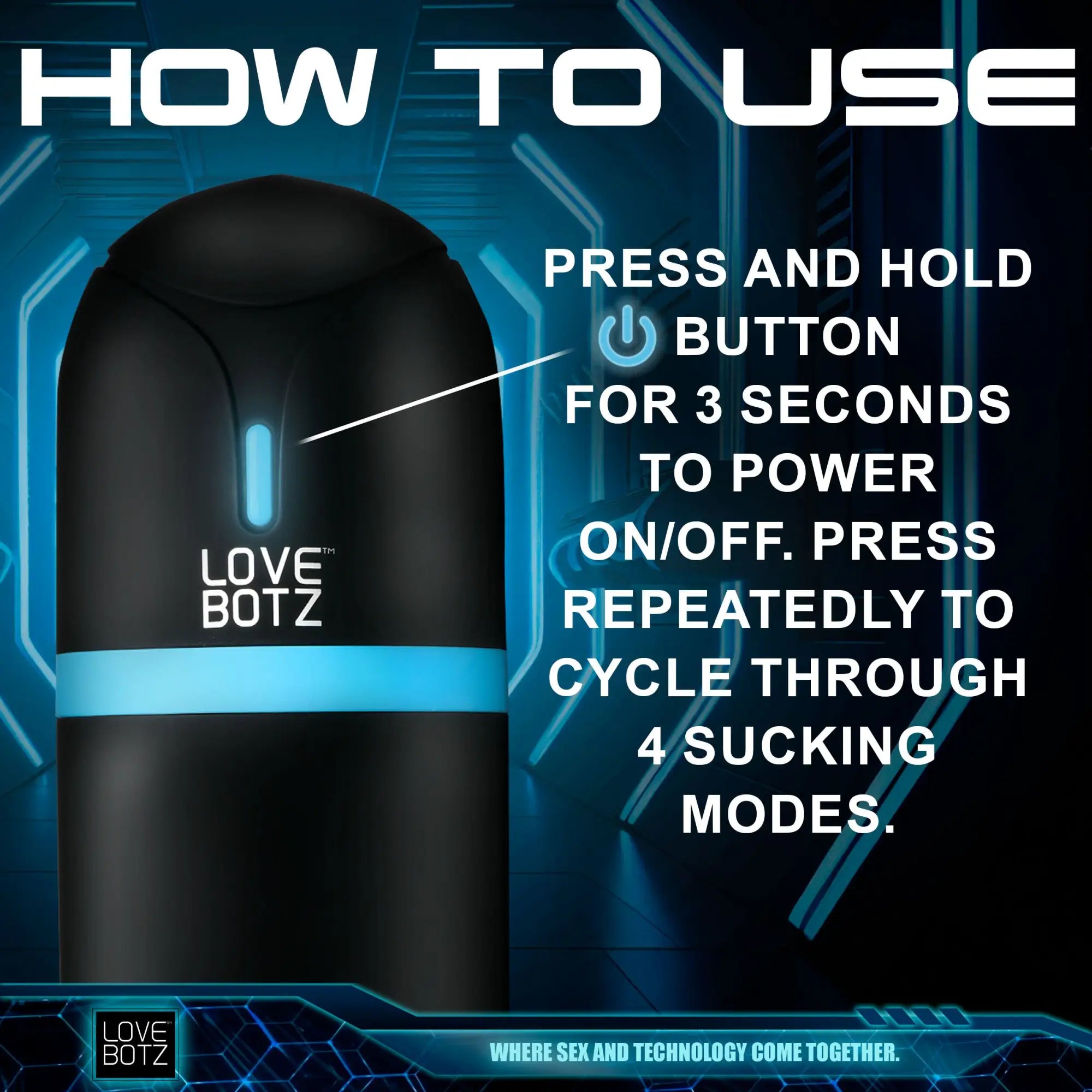 LoveBotz The Milker Mega-Pod masturbator in black with a blue light band and usage instructions against a sci-fi background.