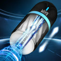 LoveBotz The Milker Mega-Pod masturbator in black with a white inner sleeve and glowing blue light effects.