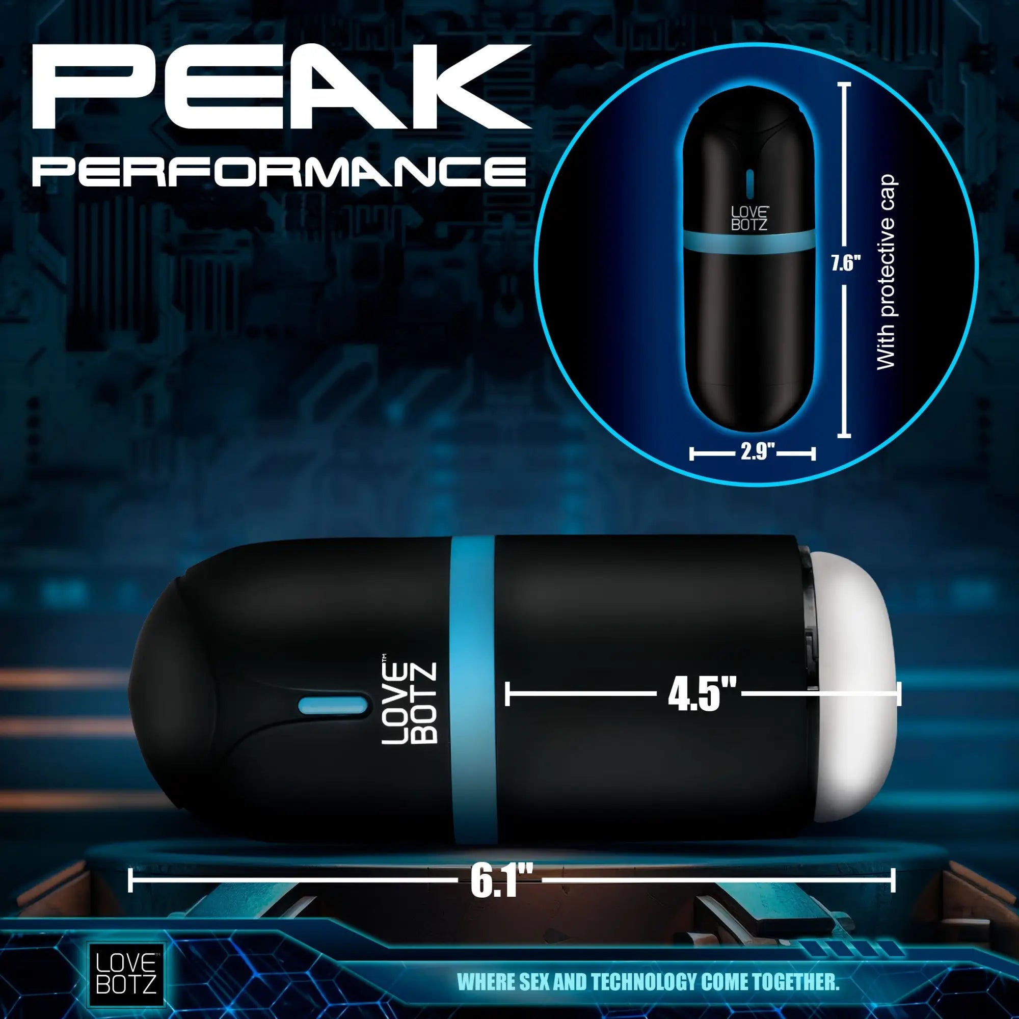LoveBotz Milker Mega-Pod masturbator in matte black with blue accents, showing dimensions and a protective cap view.