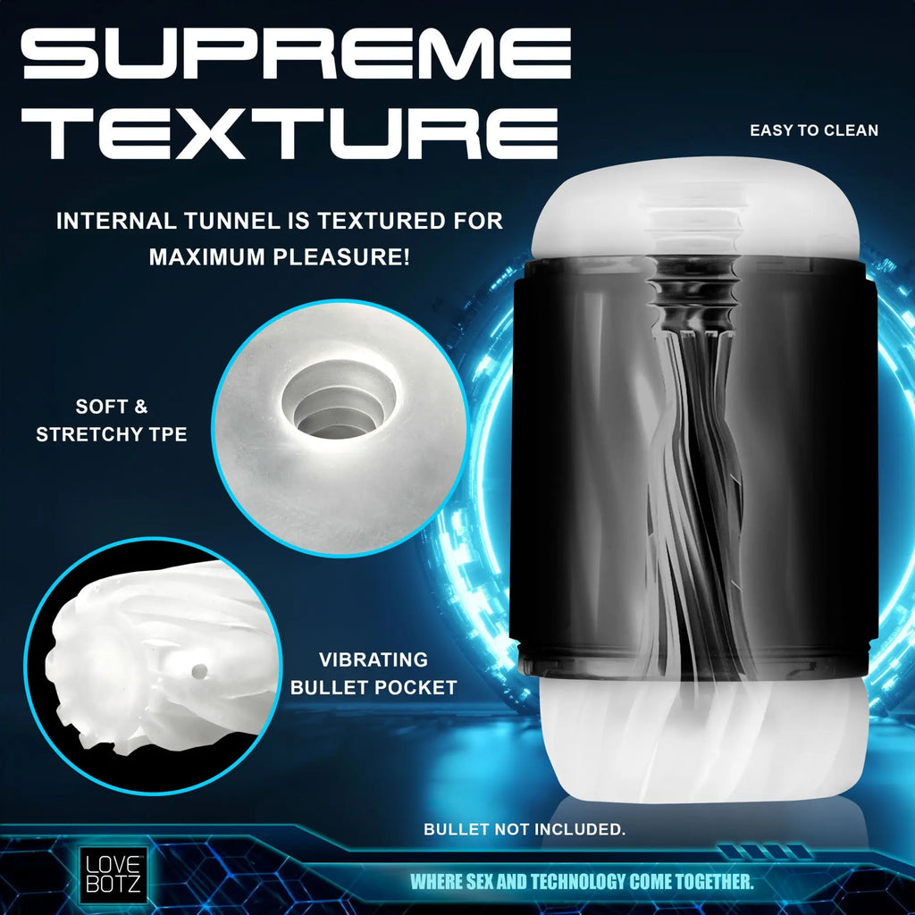 LoveBotz The Milker Mega-Pod: A black and white masturbator featuring a textured internal tunnel and TPE material.
