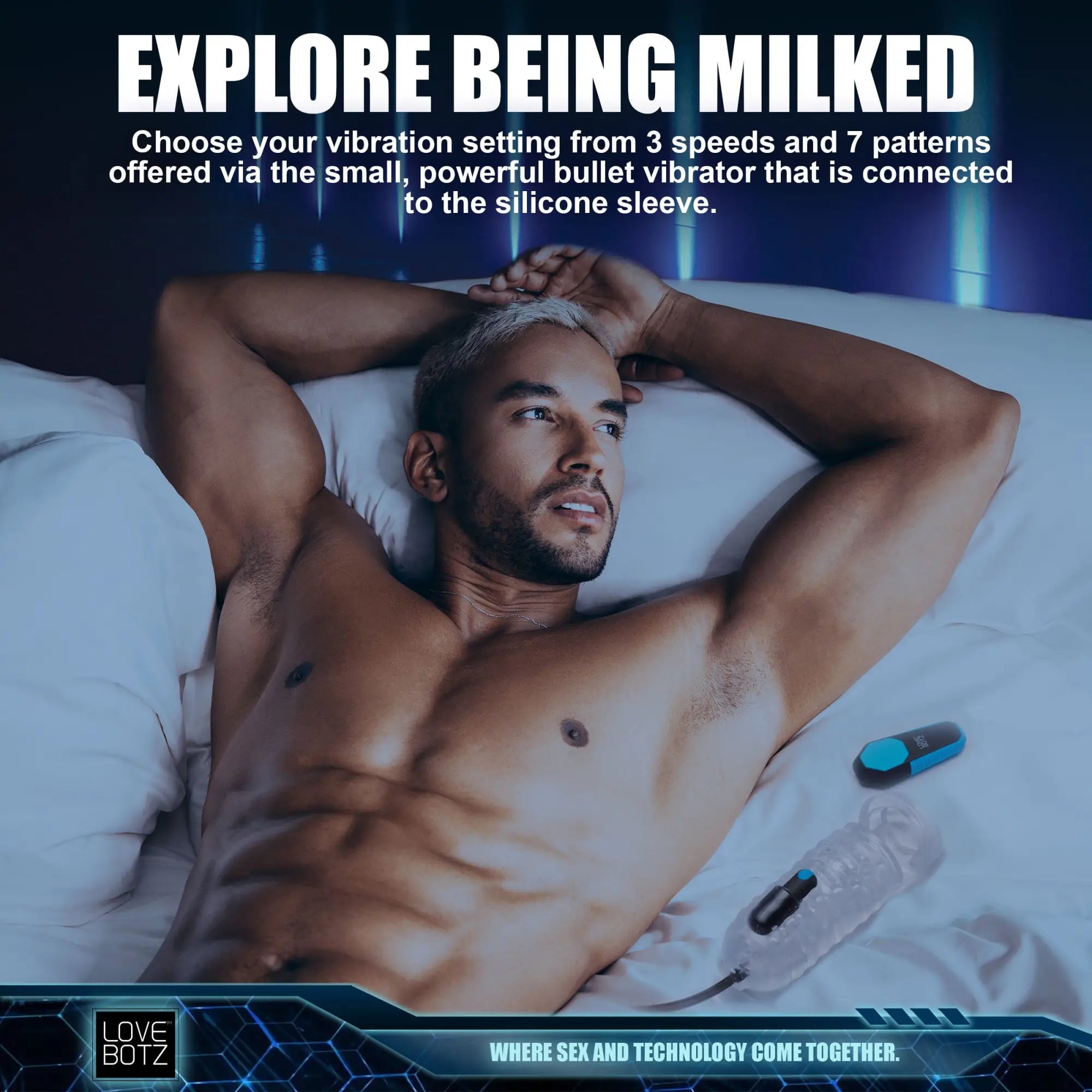 LoveBotz The Milker Pro Edition: A shirtless man relaxing in bed next to a clear silicone sleeve and blue bullet vibrator.