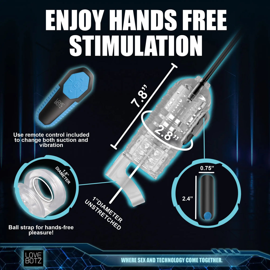 LoveBotz The Milker Pro clear silicone stroker with remote, ball strap, and technical dimension callouts.