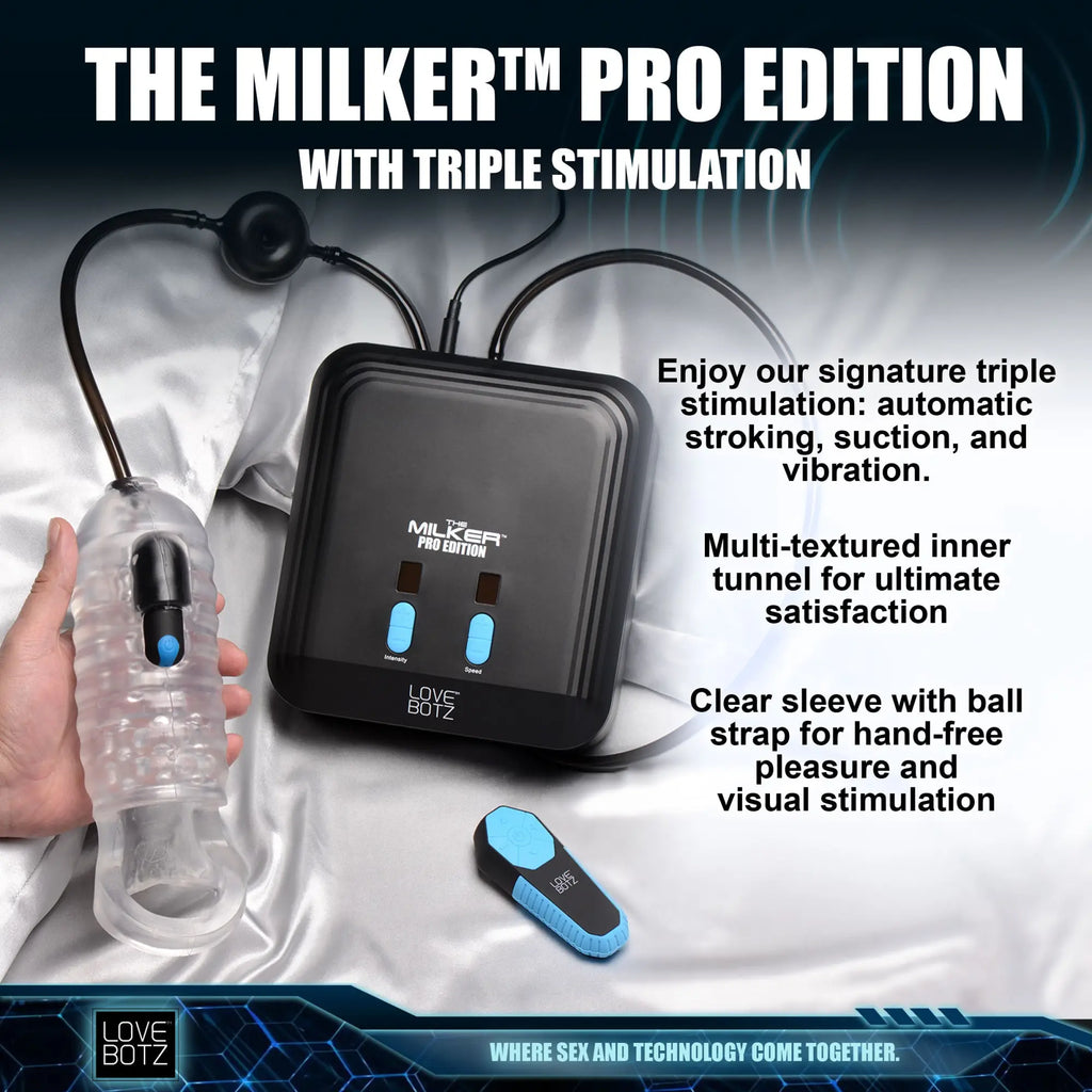 LoveBotz The Milker Pro Edition: A black control base with a clear textured sleeve, blue accents, and a remote control.
