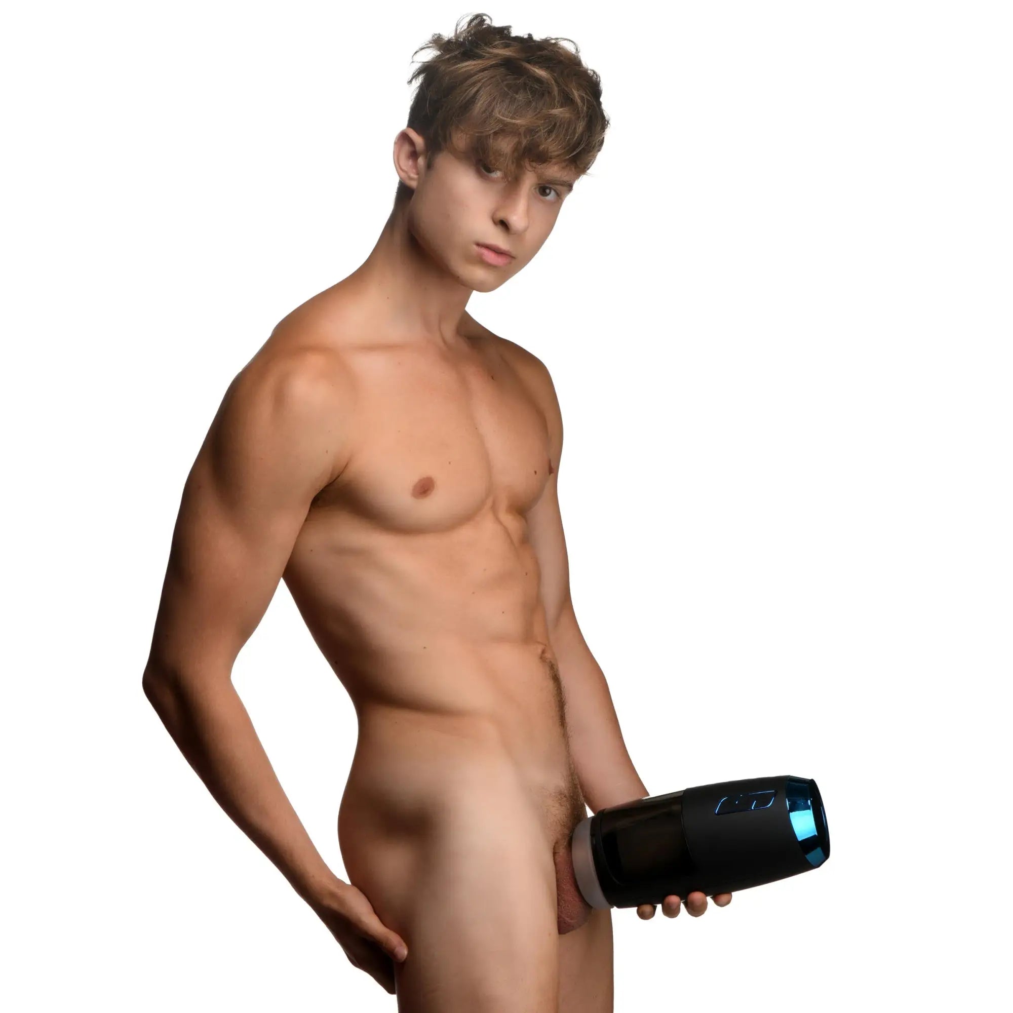 A man holds the black and blue LoveBotz The Milker Slider 18X stroking masturbator against a white background.