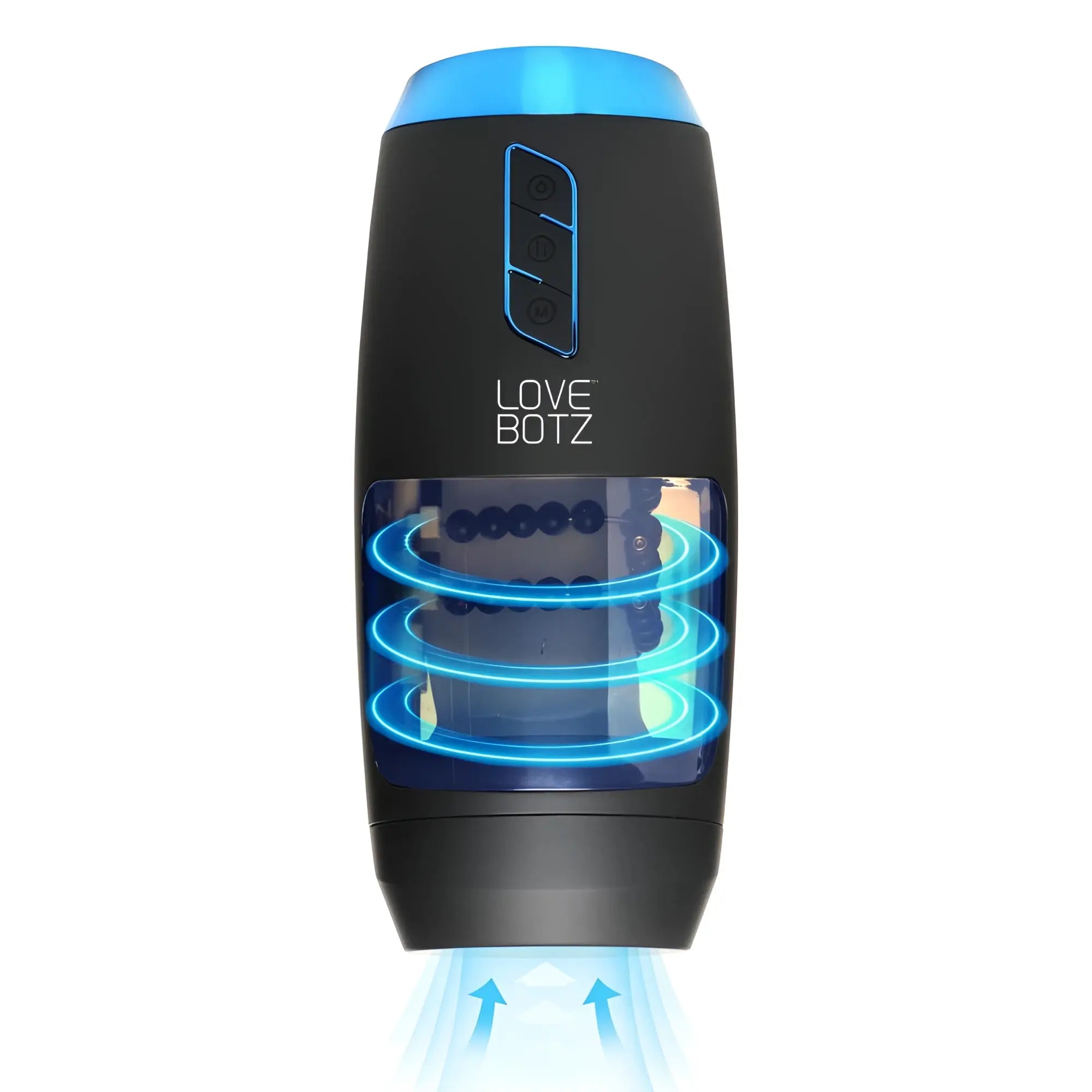 LoveBotz The Milker Slider 18X masturbator in matte black with blue LED accents, button controls, and internal beads.