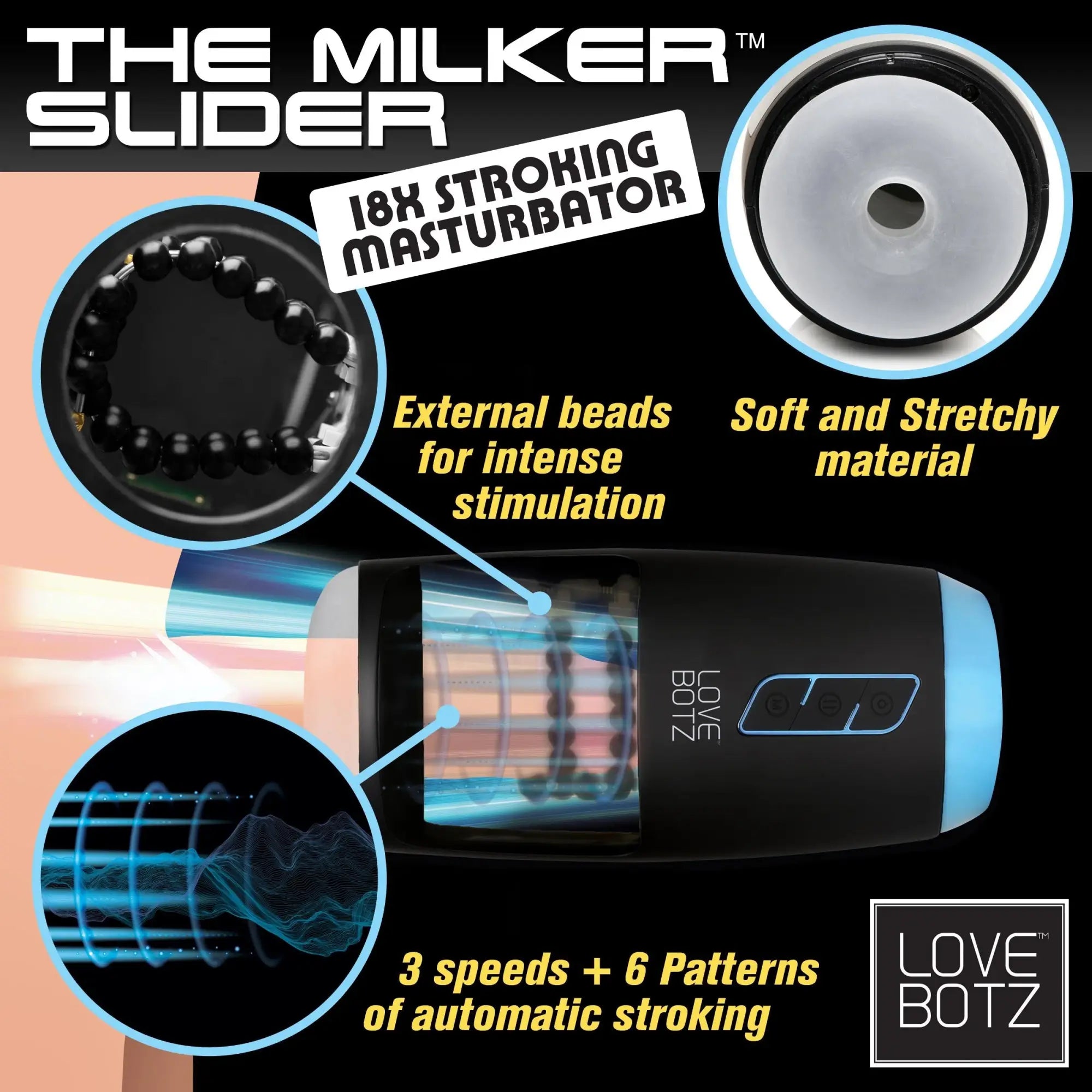 LoveBotz The Milker Slider 18X masturbator features a black and blue design, internal stimulation beads, and 9 modes.