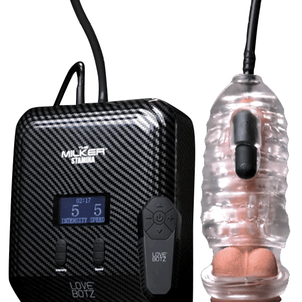 LoveBotz The Milker Stamina with carbon-fiber look console, digital display, wired control, and clear stroking sleeve.