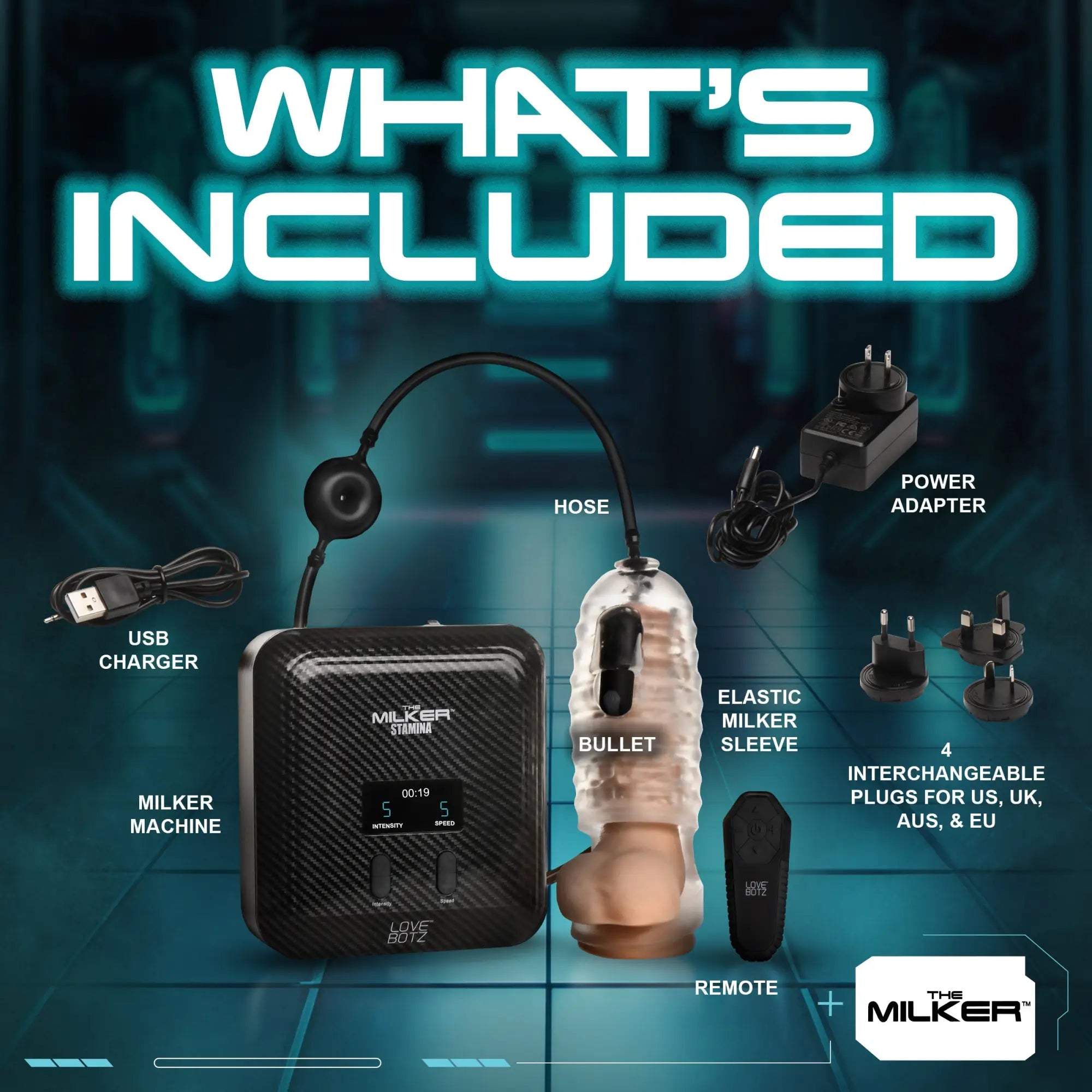 LoveBotz The Milker Stamina set including a black carbon-fiber machine, clear sleeve, bullet, chargers, and adapters.