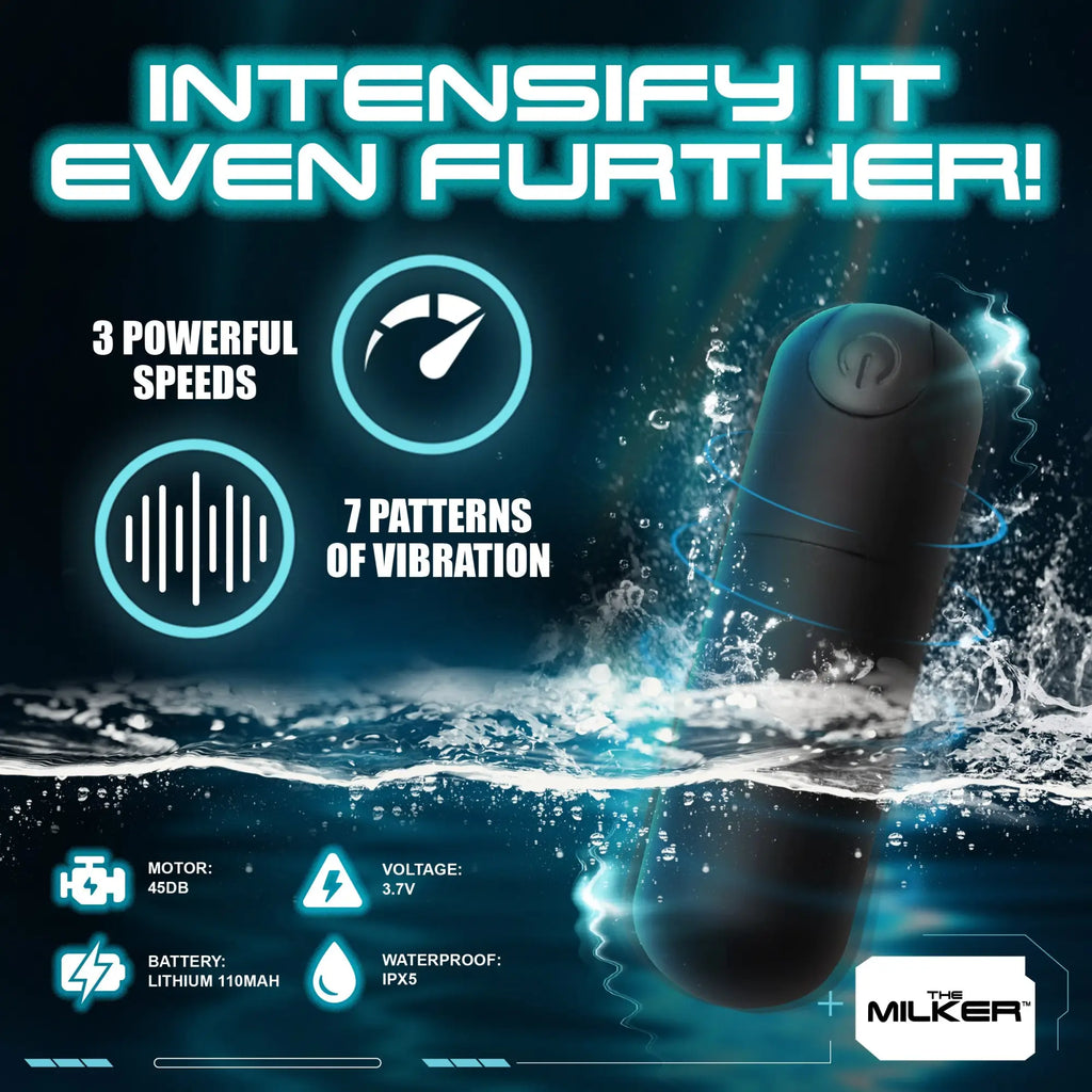 LoveBotz The Milker Stamina black vibrator floating in water with icons highlighting speed, vibration, and tech specs.