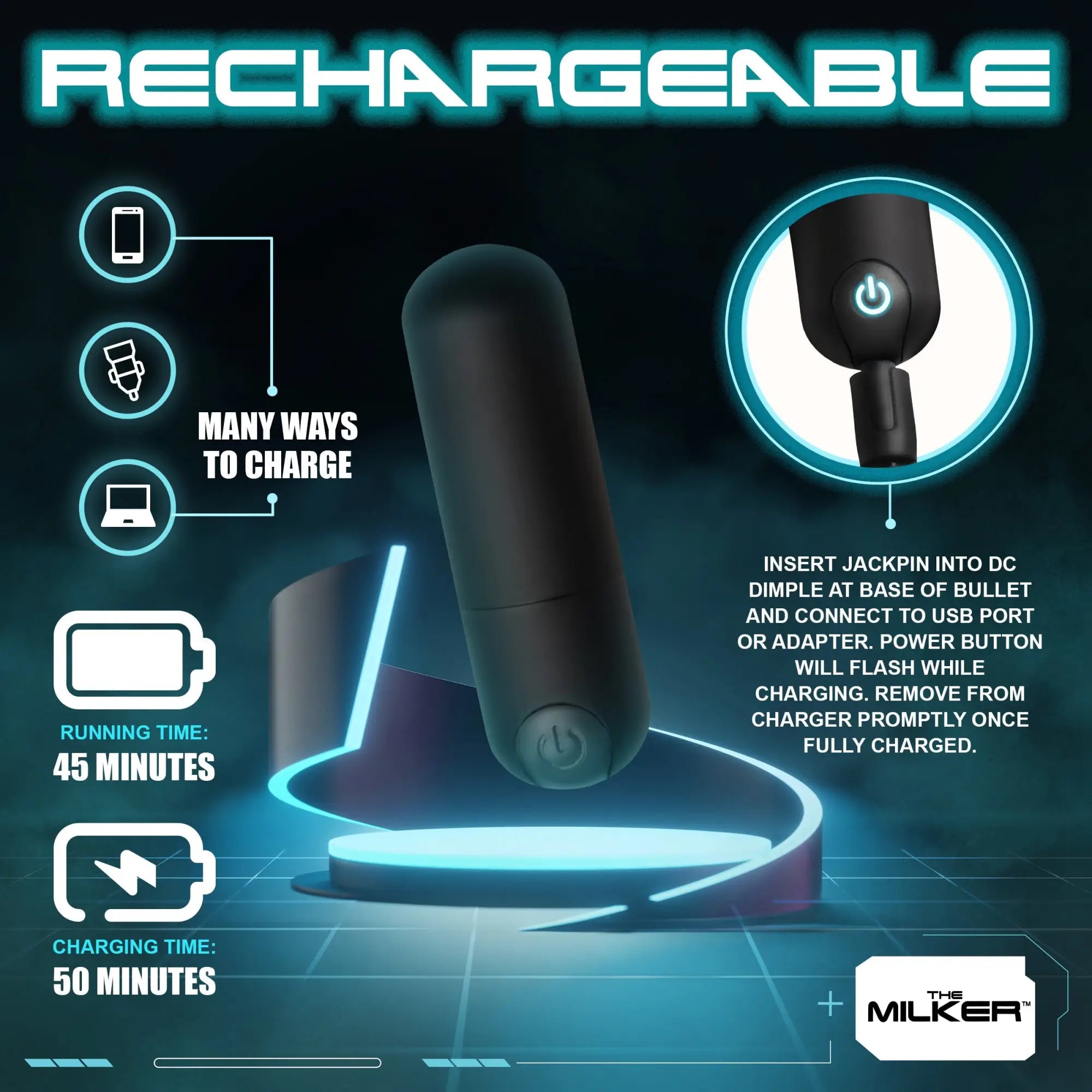 LoveBotz The Milker Stamina: A matte black rechargeable bullet vibrator showing charging instructions and port details.